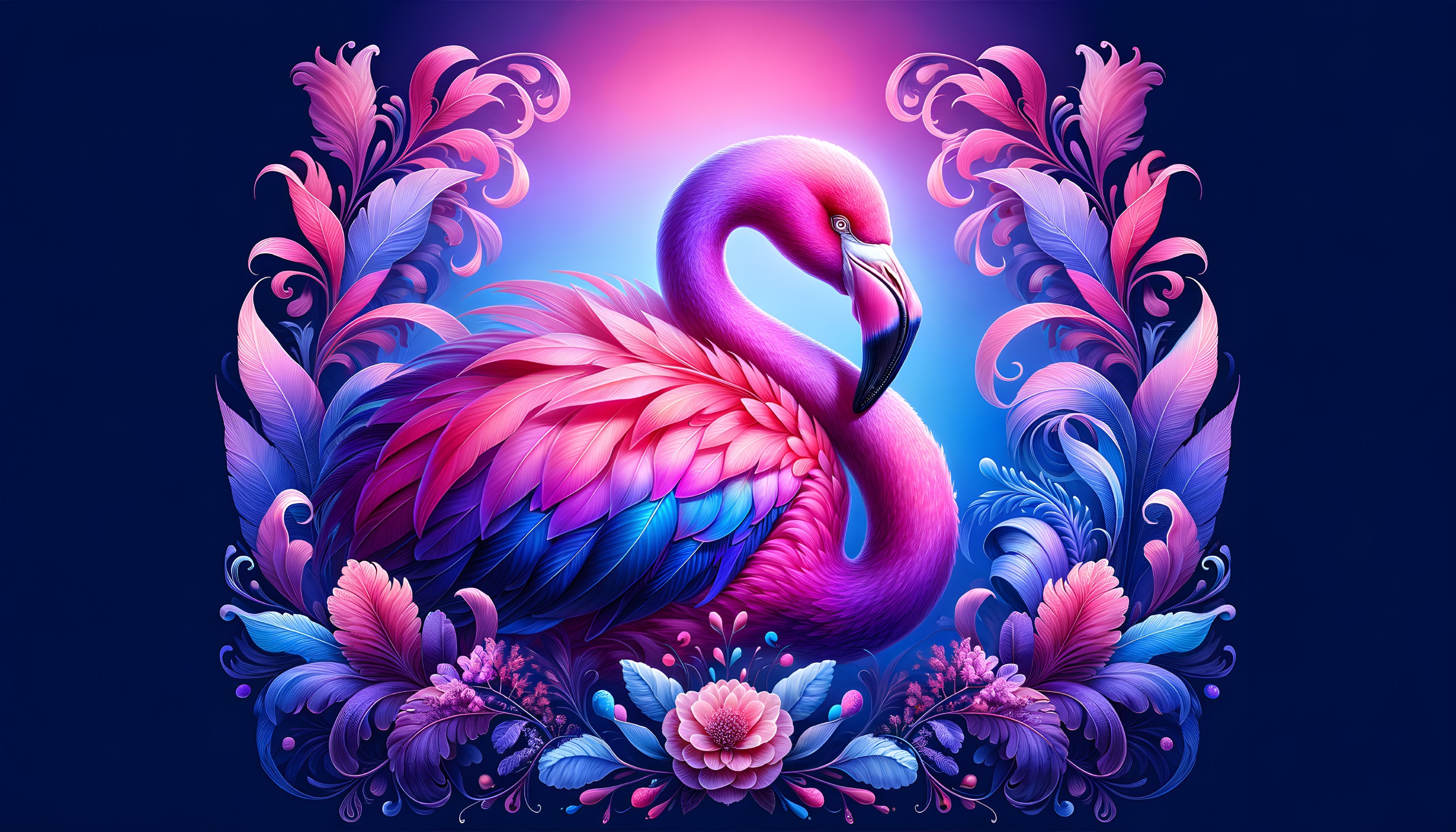 Vibrant Pink Flamingo in Tropical Floral Landscape