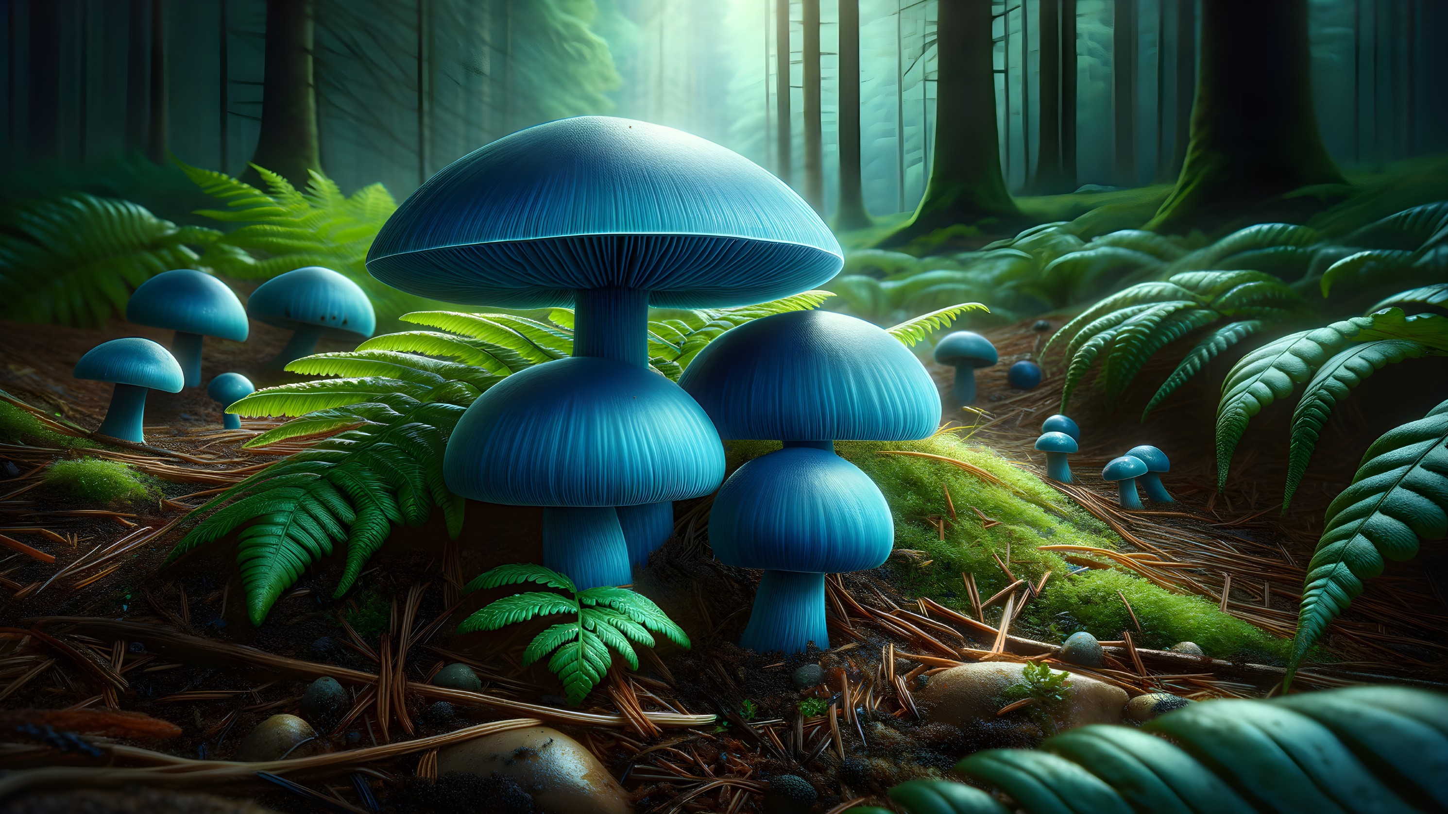 Vibrant Blue Mushrooms in a Serene Forest Setting