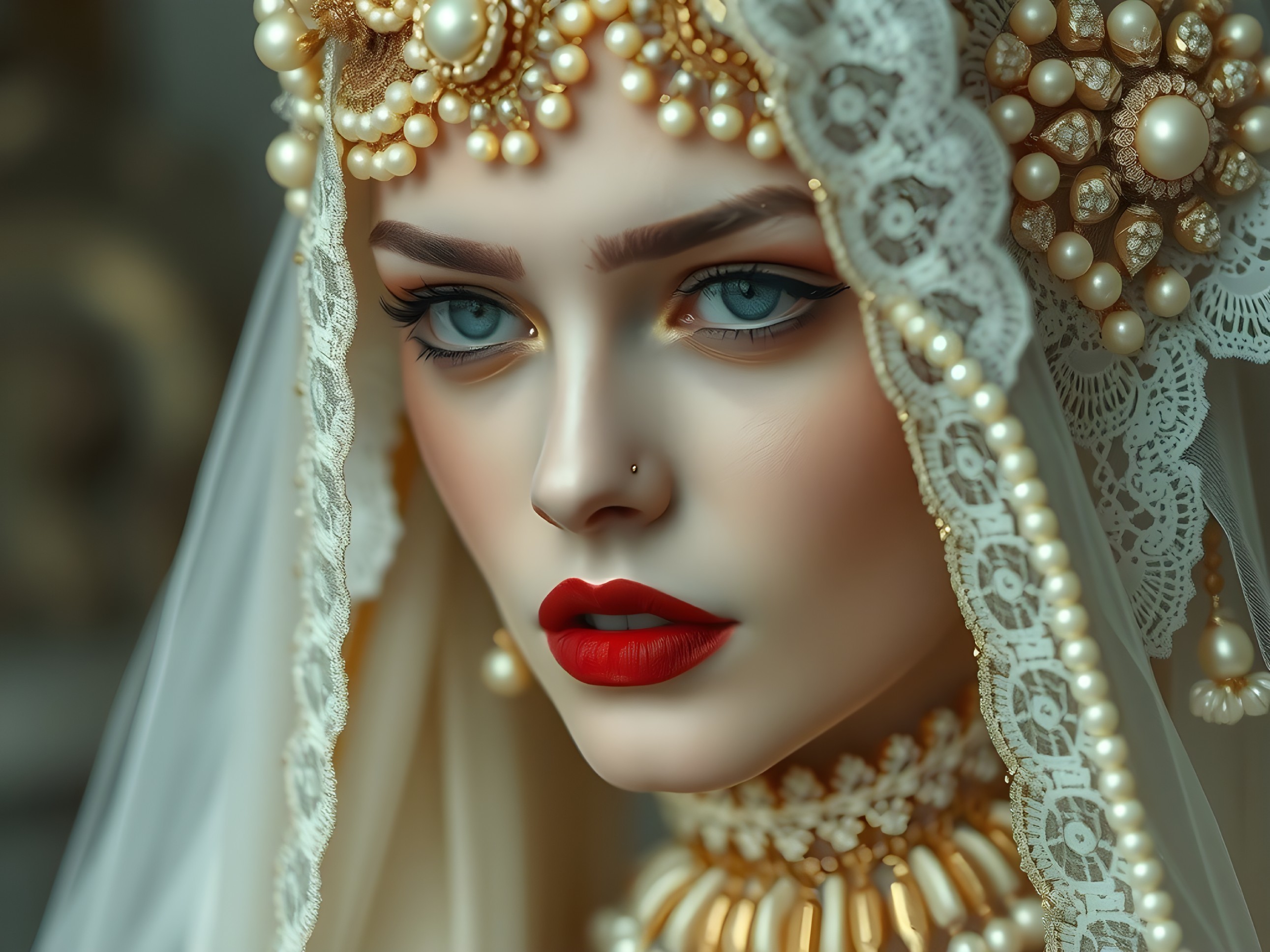 Close-Up Portrait of a Woman with Jewelry and Veil