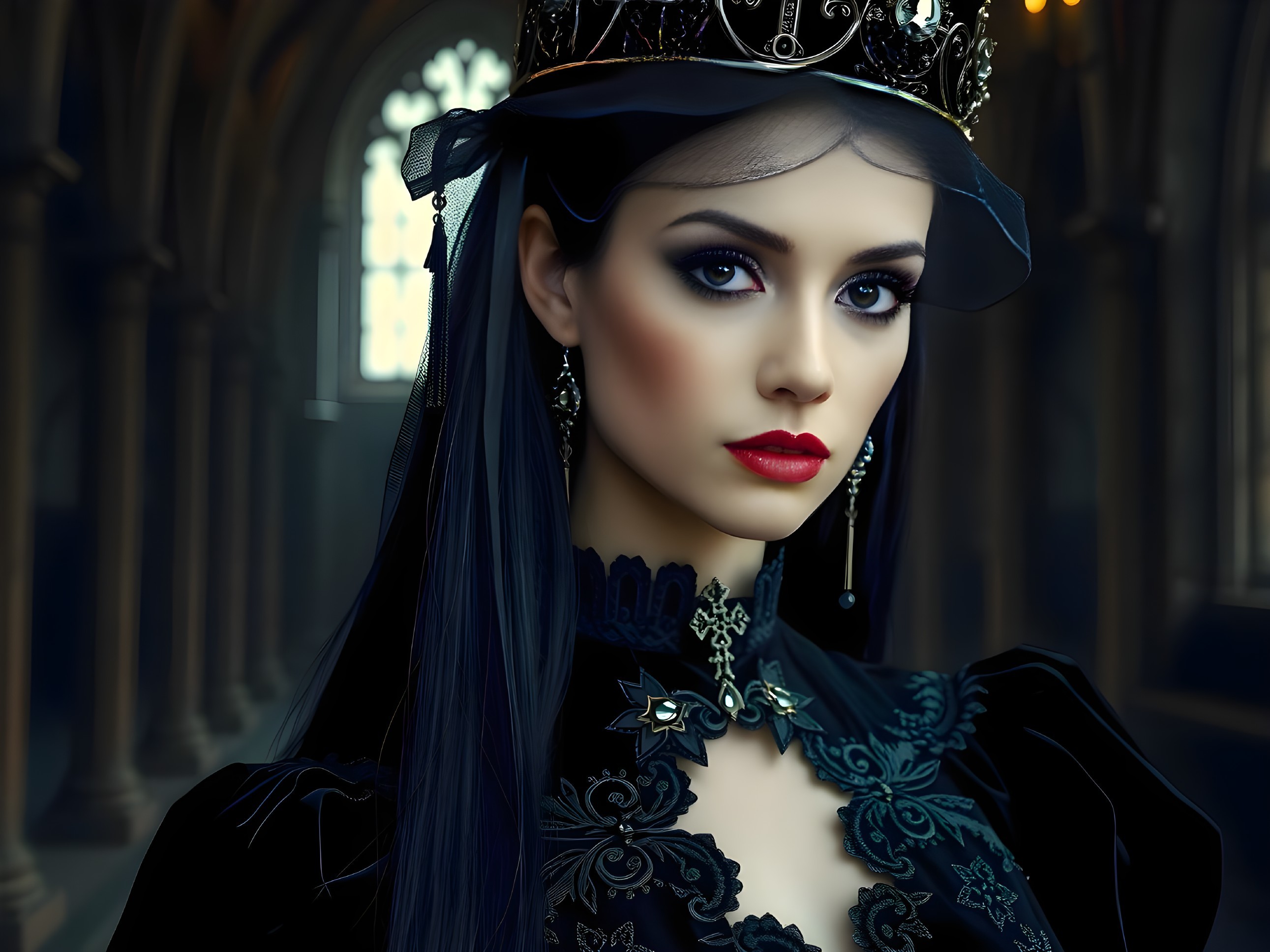 Gothic Figure in Elegant Black Attire and Crown