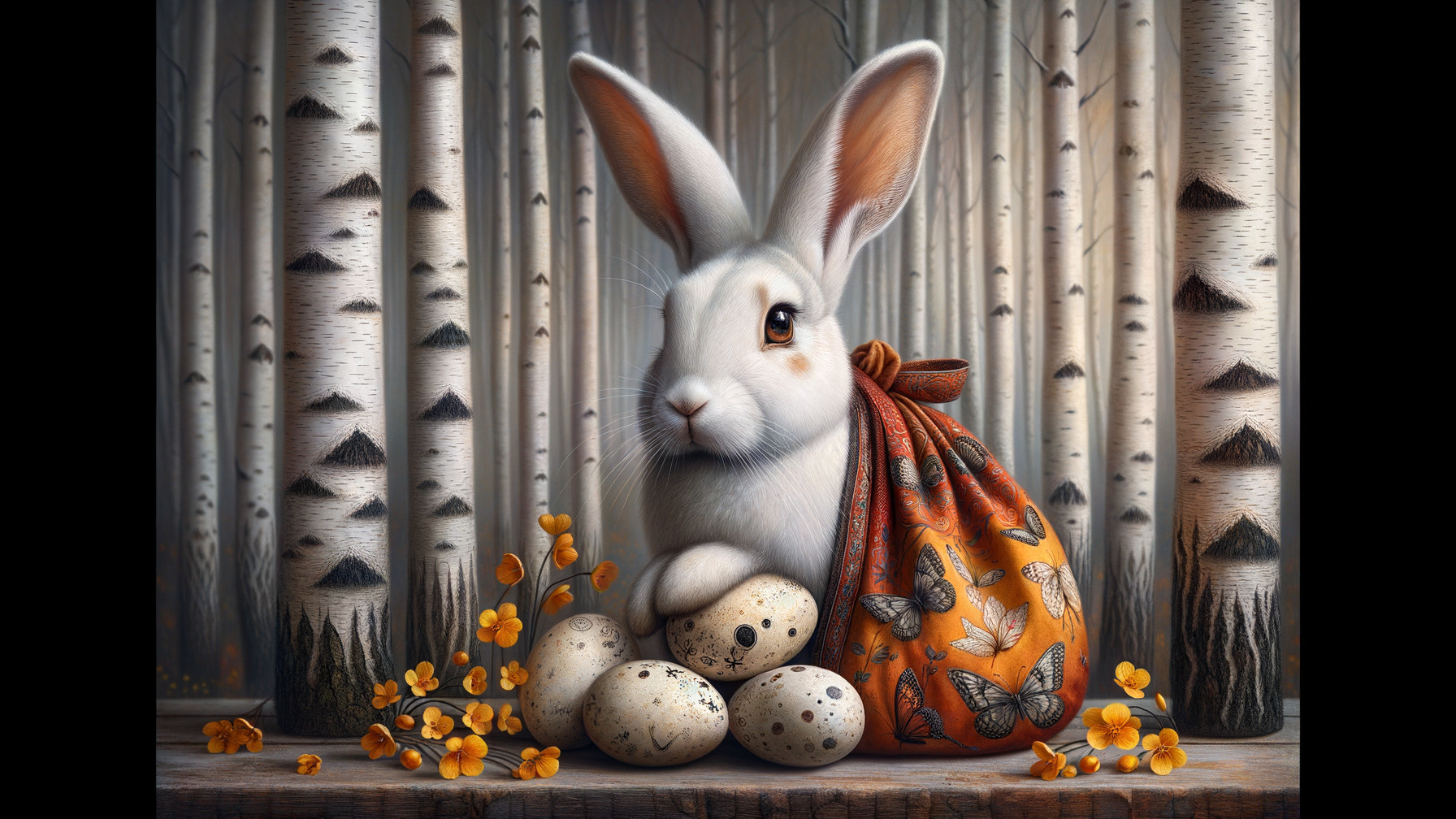 Whimsical Scene with Rabbit, Eggs, and Birch Trees