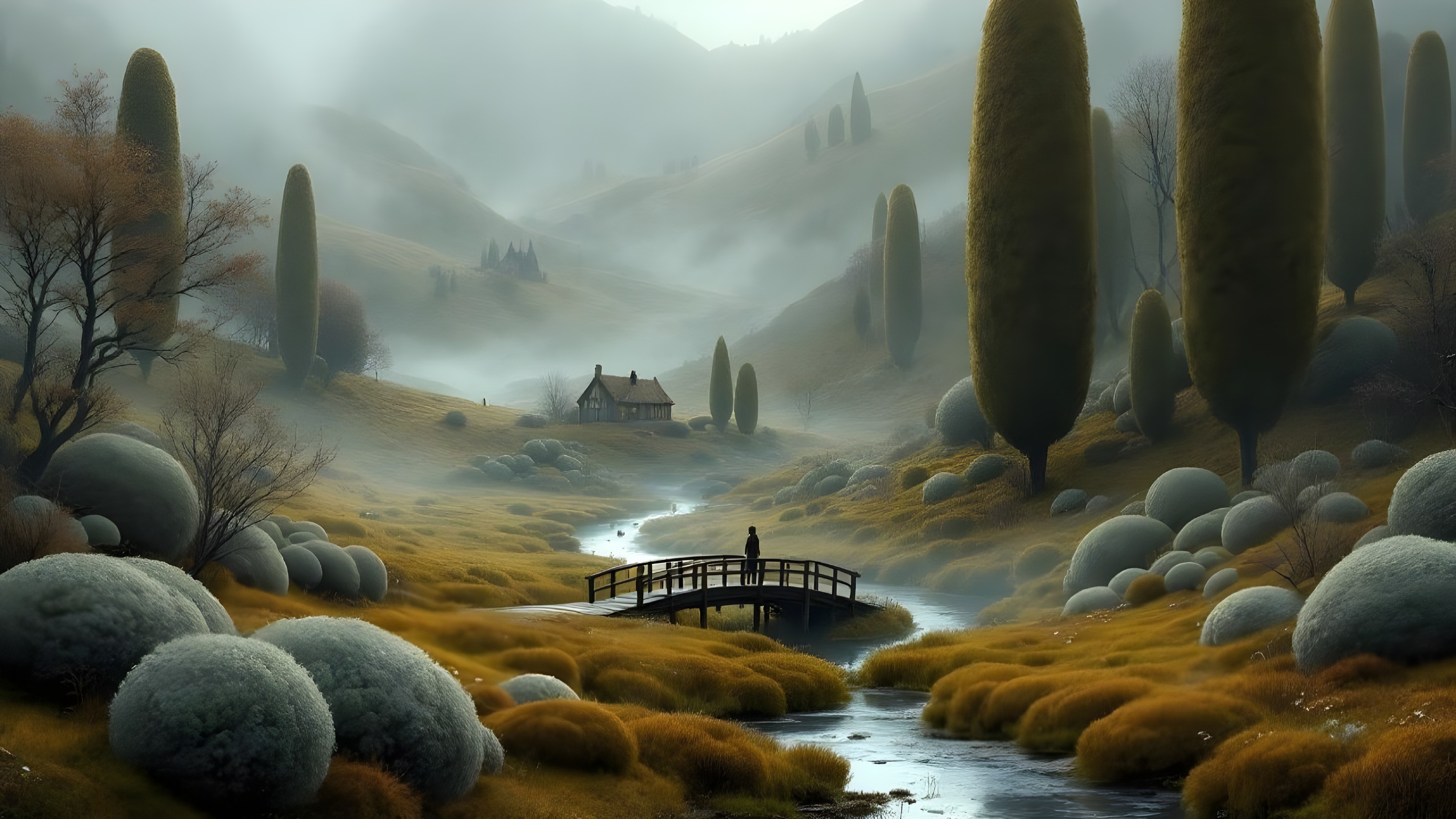 Serene Misty Landscape with Hills and Cottage