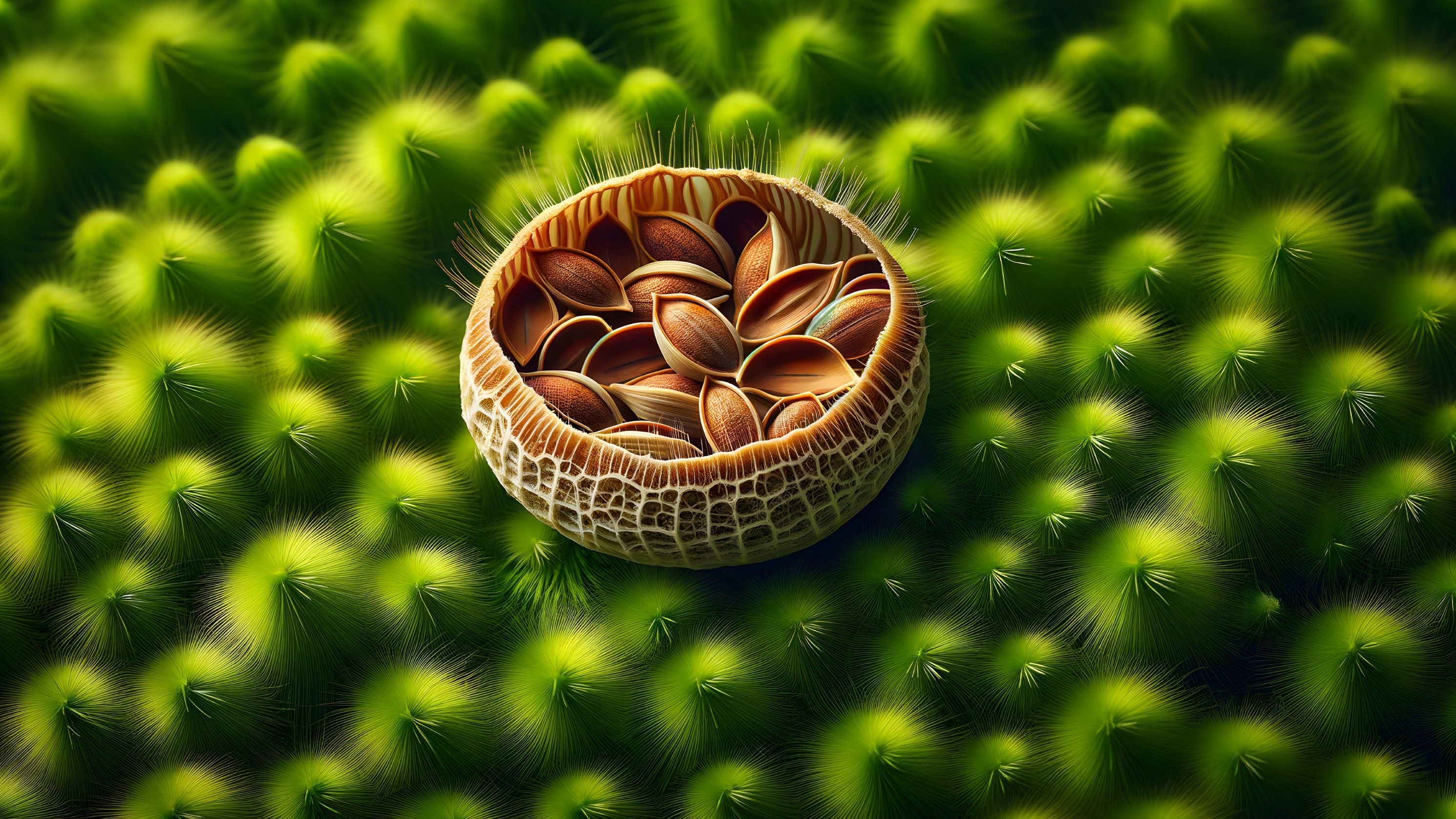 Textured Green Surface with Nest of Oval Seeds