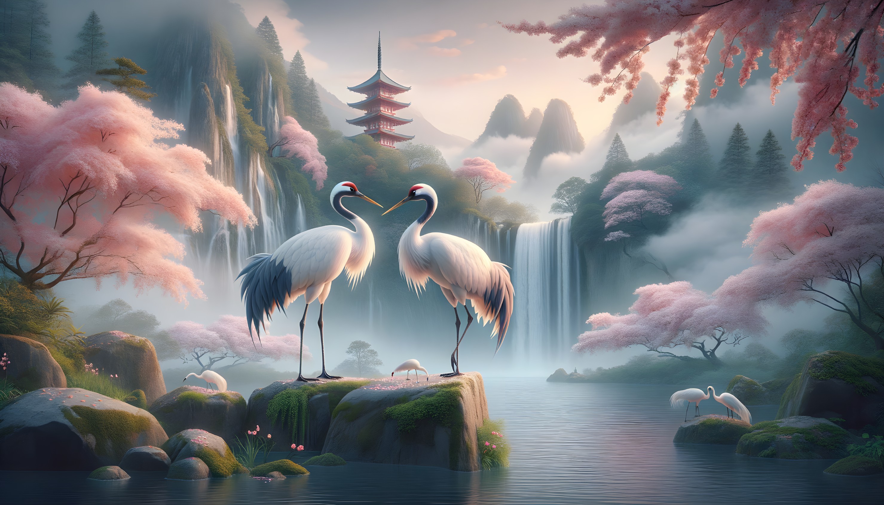 Cranes on Mossy Rock in Cherry Blossom Landscape