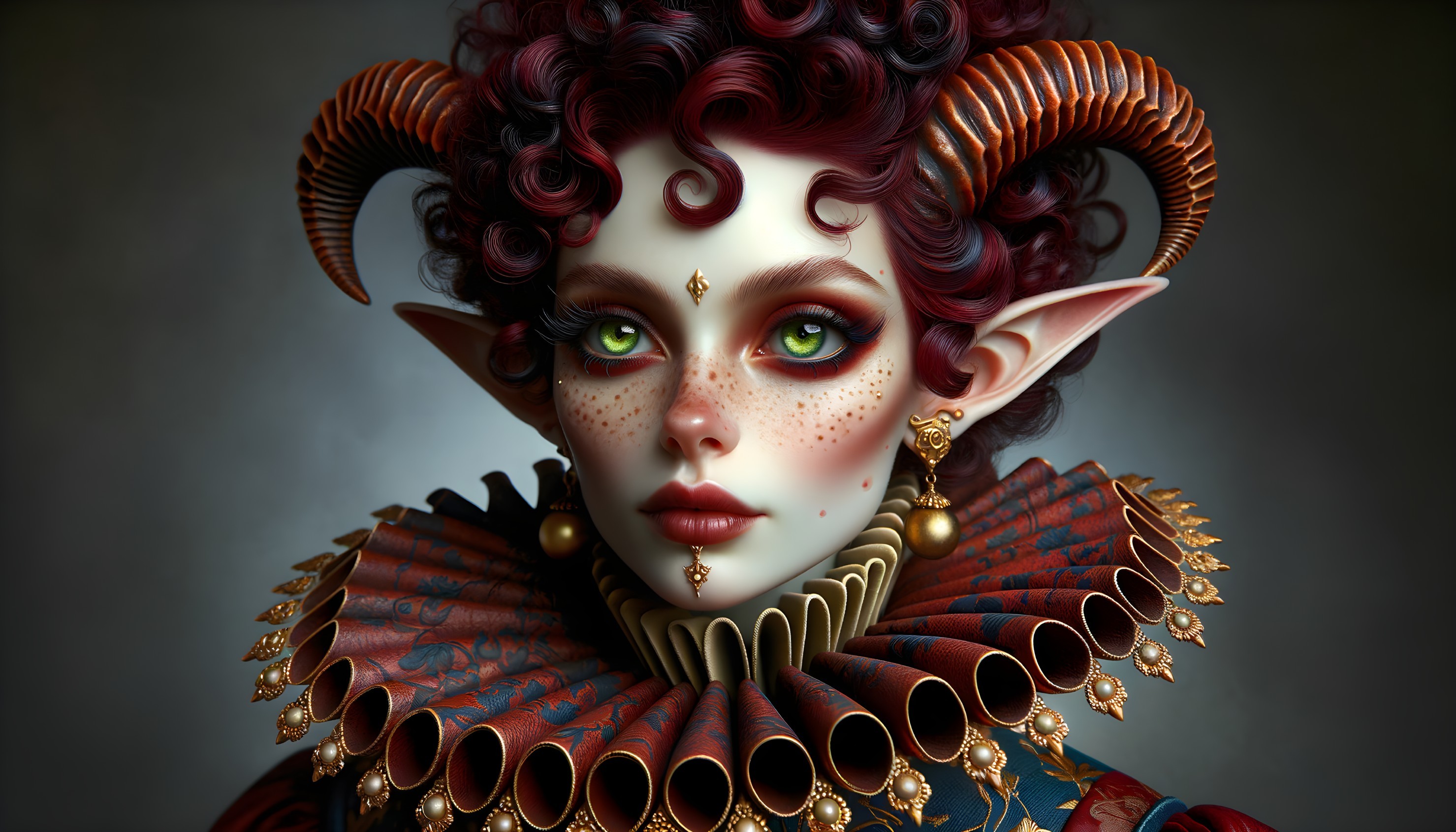 Fantasy Character with Red Hair and Dramatic Horns