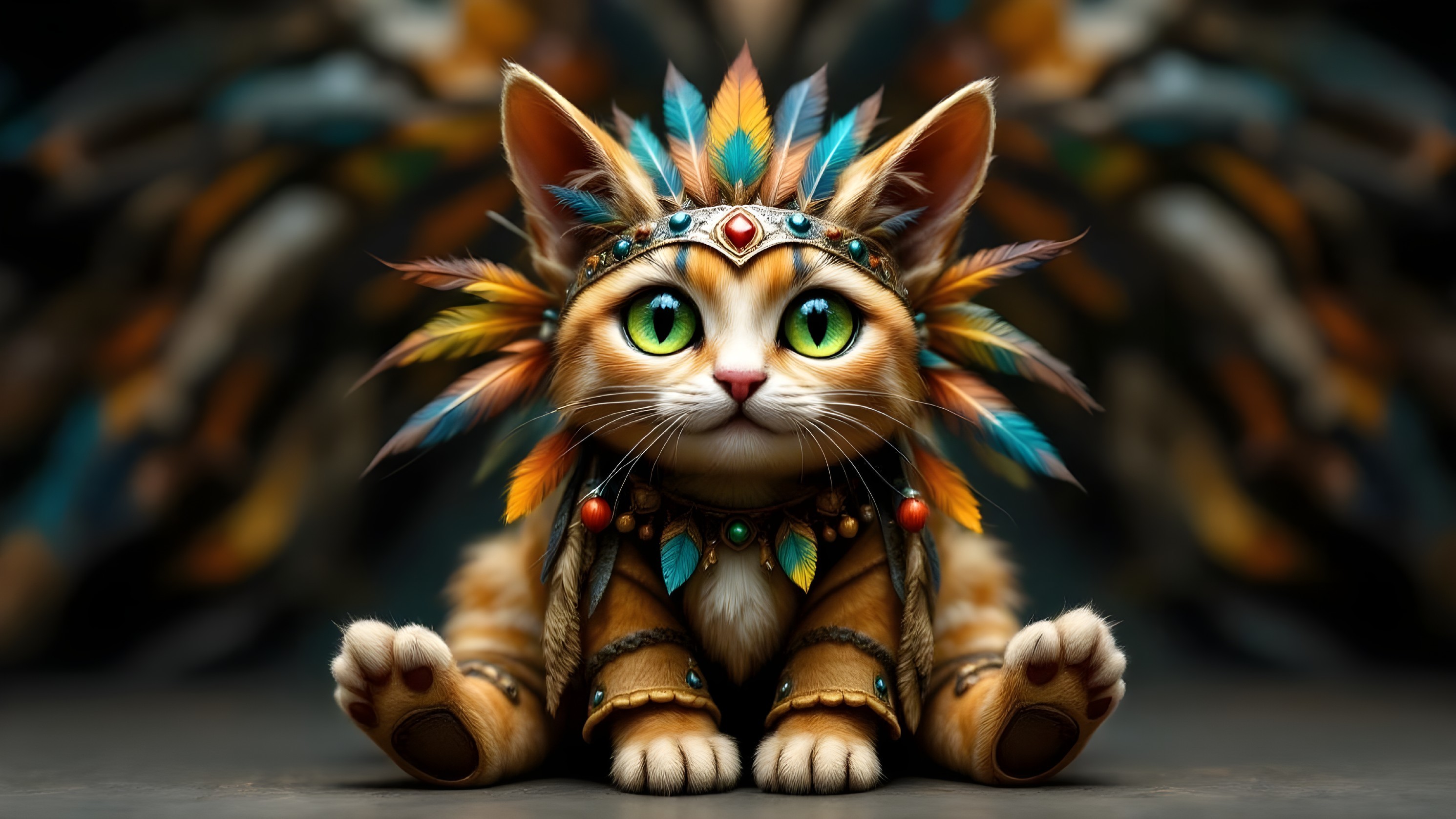 Orange Tabby Cat with Feather Headdress and Jewelry