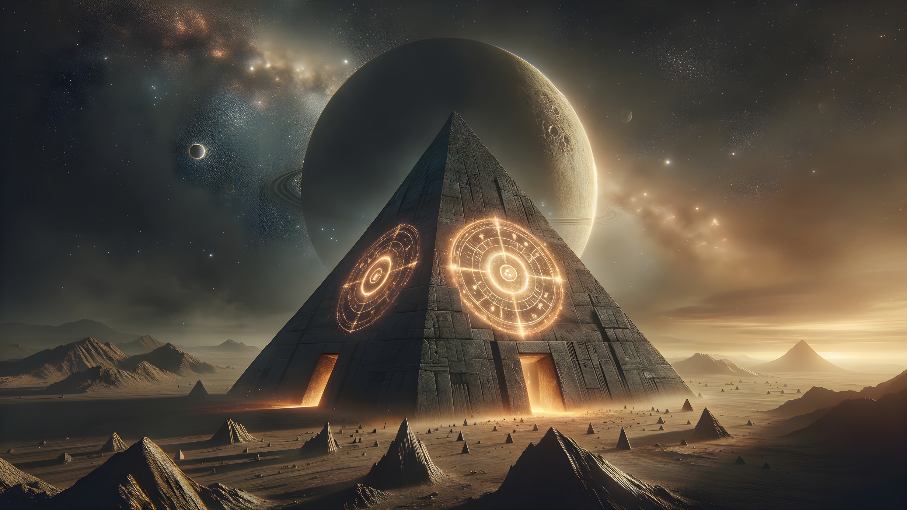 Pyramid with Glowing Patterns in Cosmic Landscape