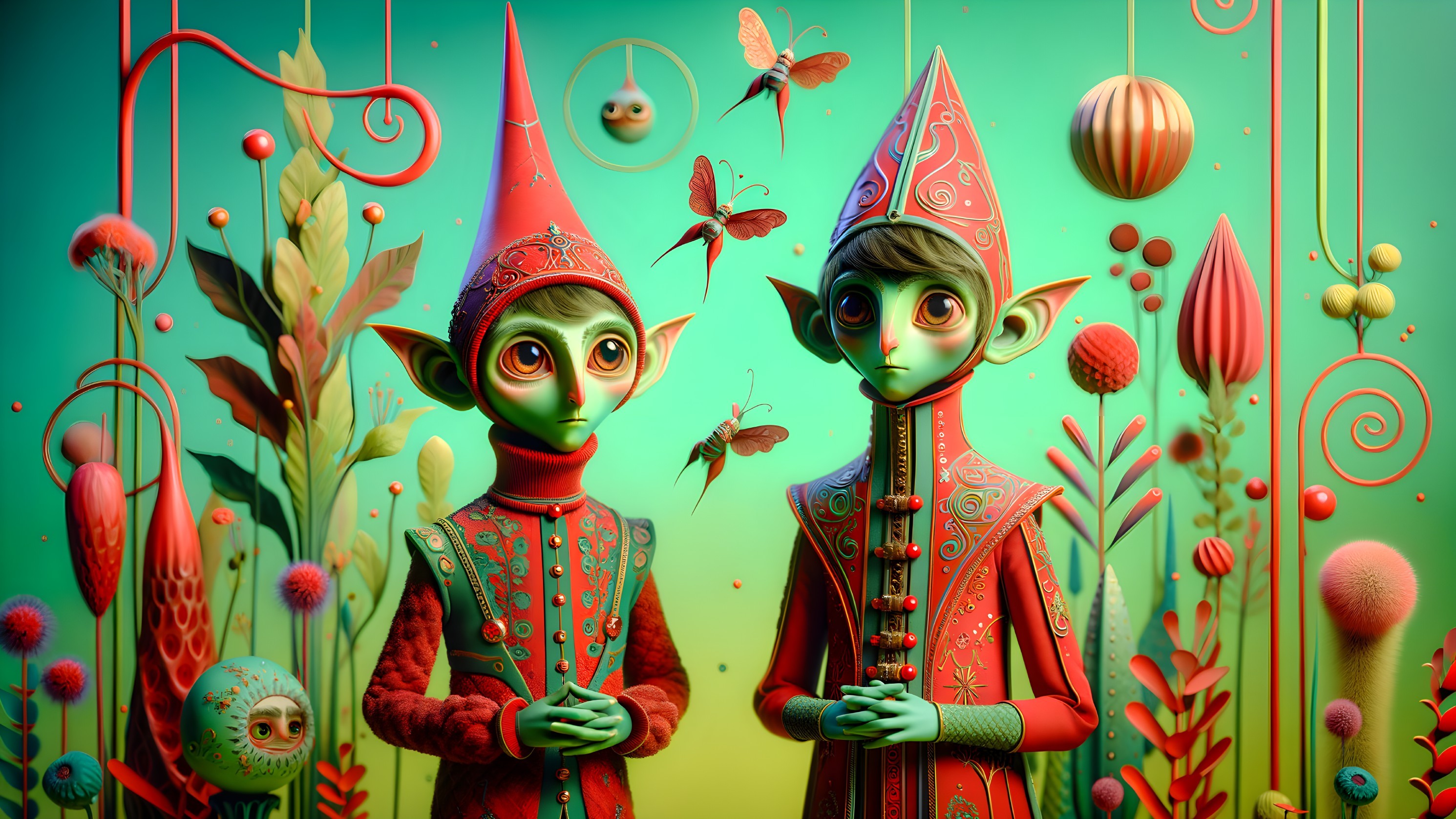 Whimsical Elf-like Figures in a Dreamlike Setting