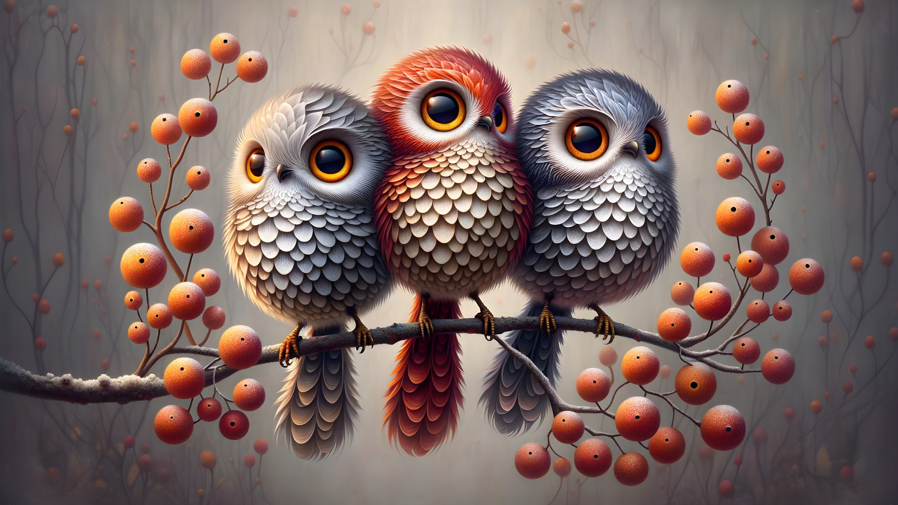 Cartoon Birds on Branch with Orange Berries
