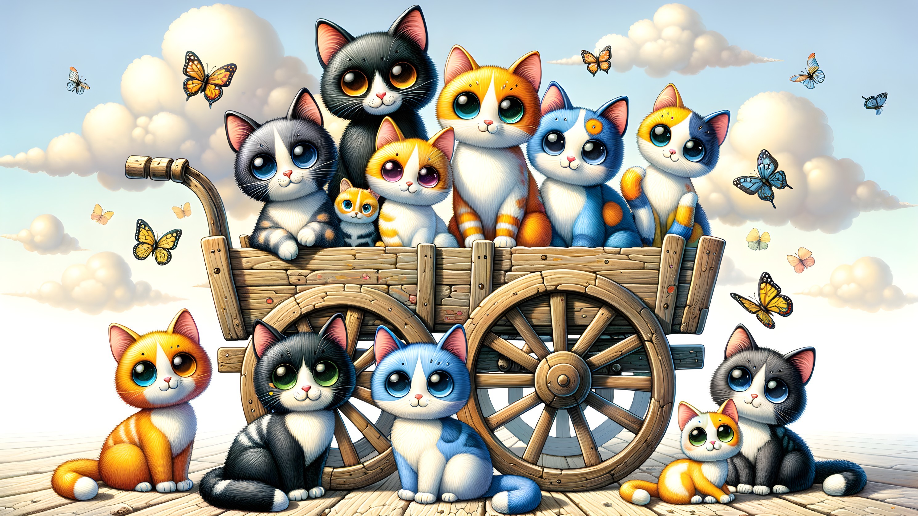 Colorful Cats in a Wooden Cart with Butterflies