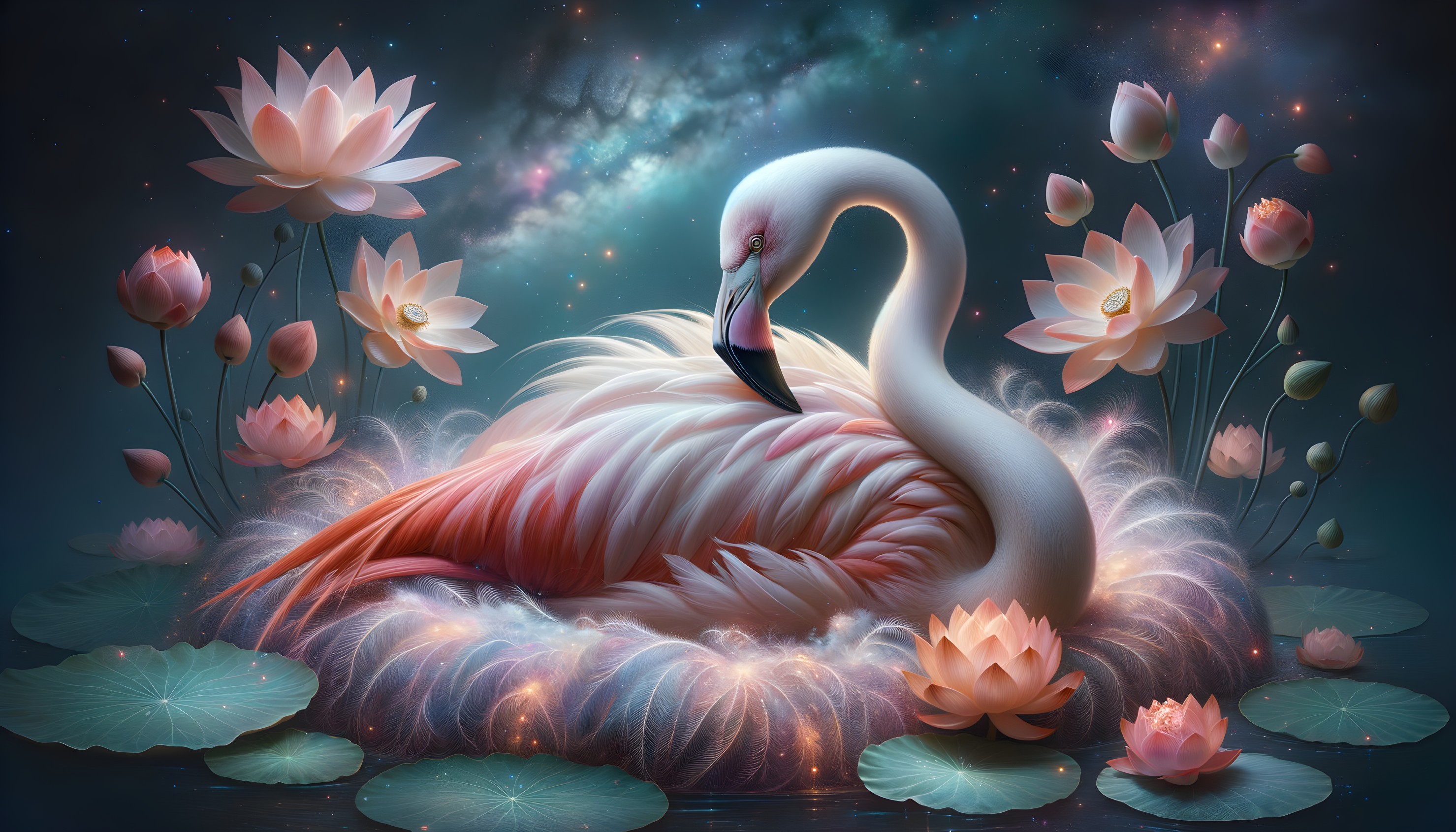 Flamingo Among Lotus Flowers in Mystical Setting