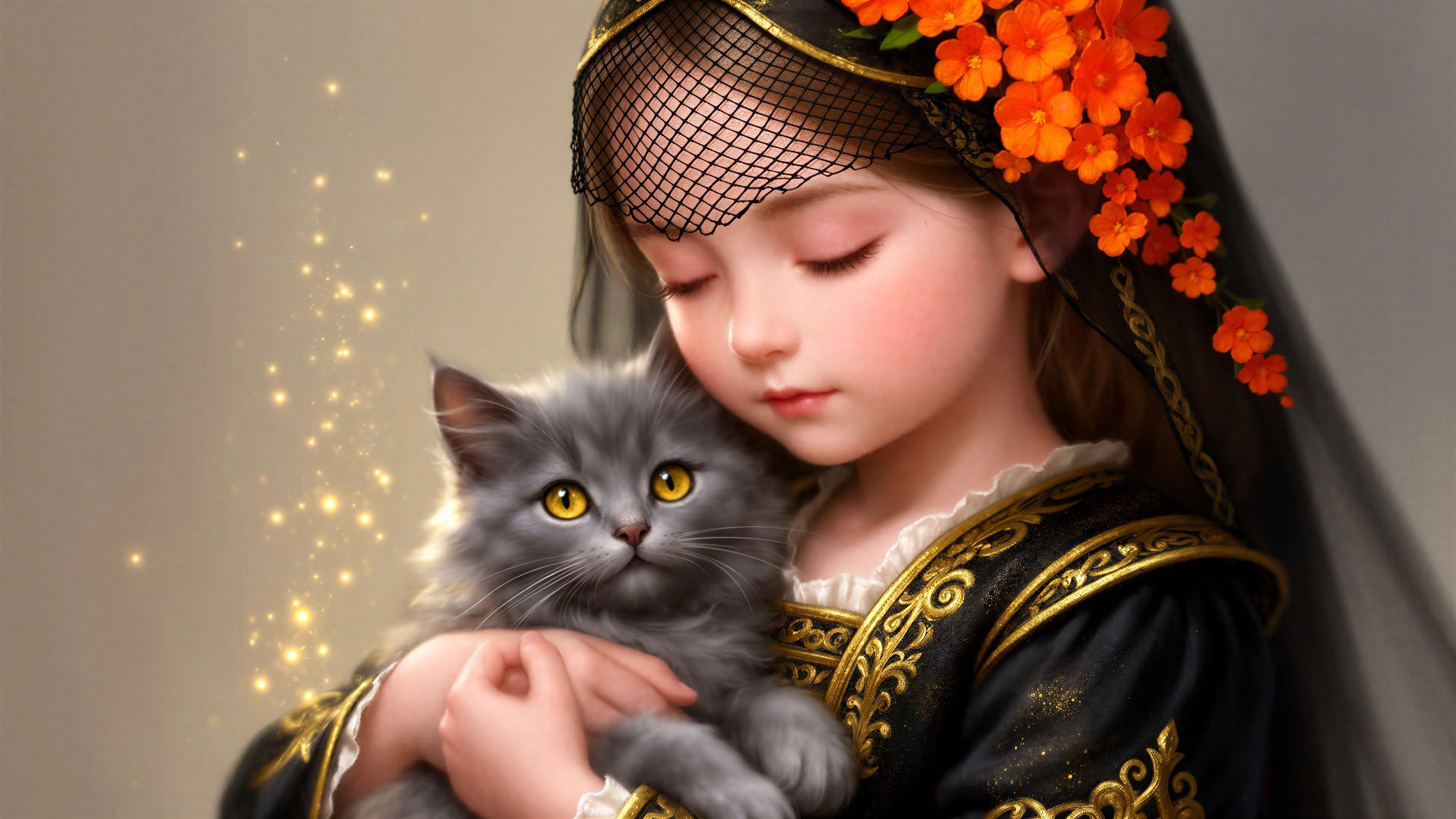 Young girl with kitten in a magical, floral setting