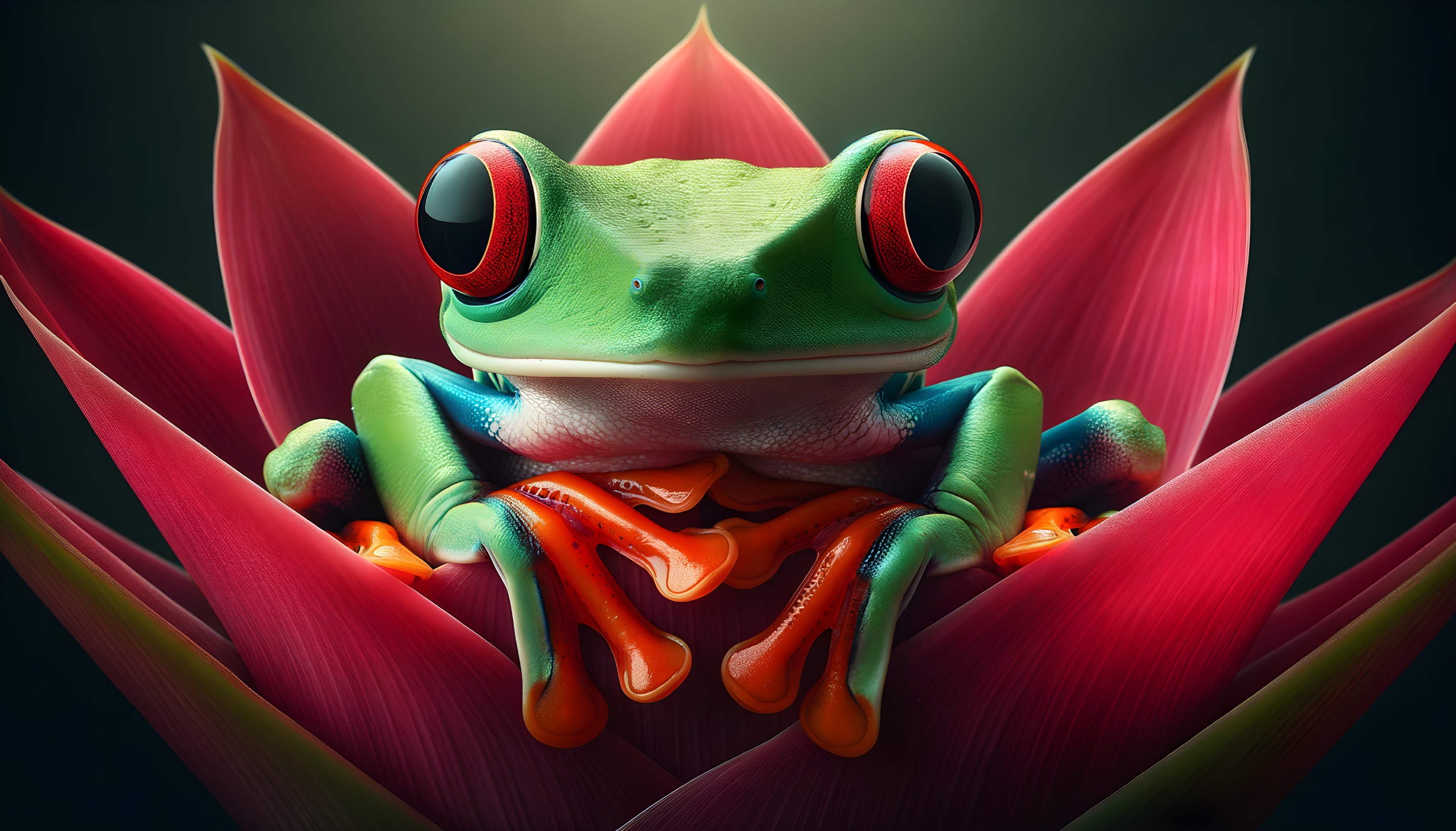 Vibrant Green Tree Frog on Red Lily Pad Scene