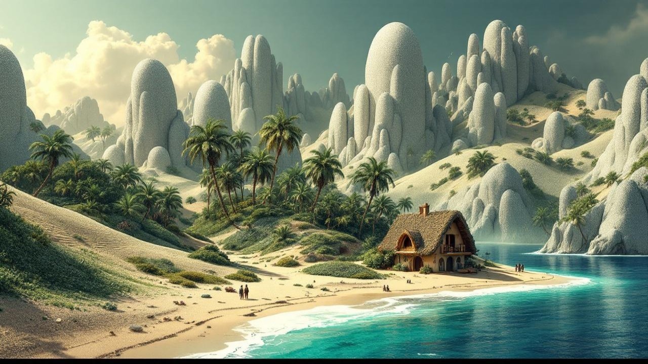 Tropical Landscape with Cottage and Beach View