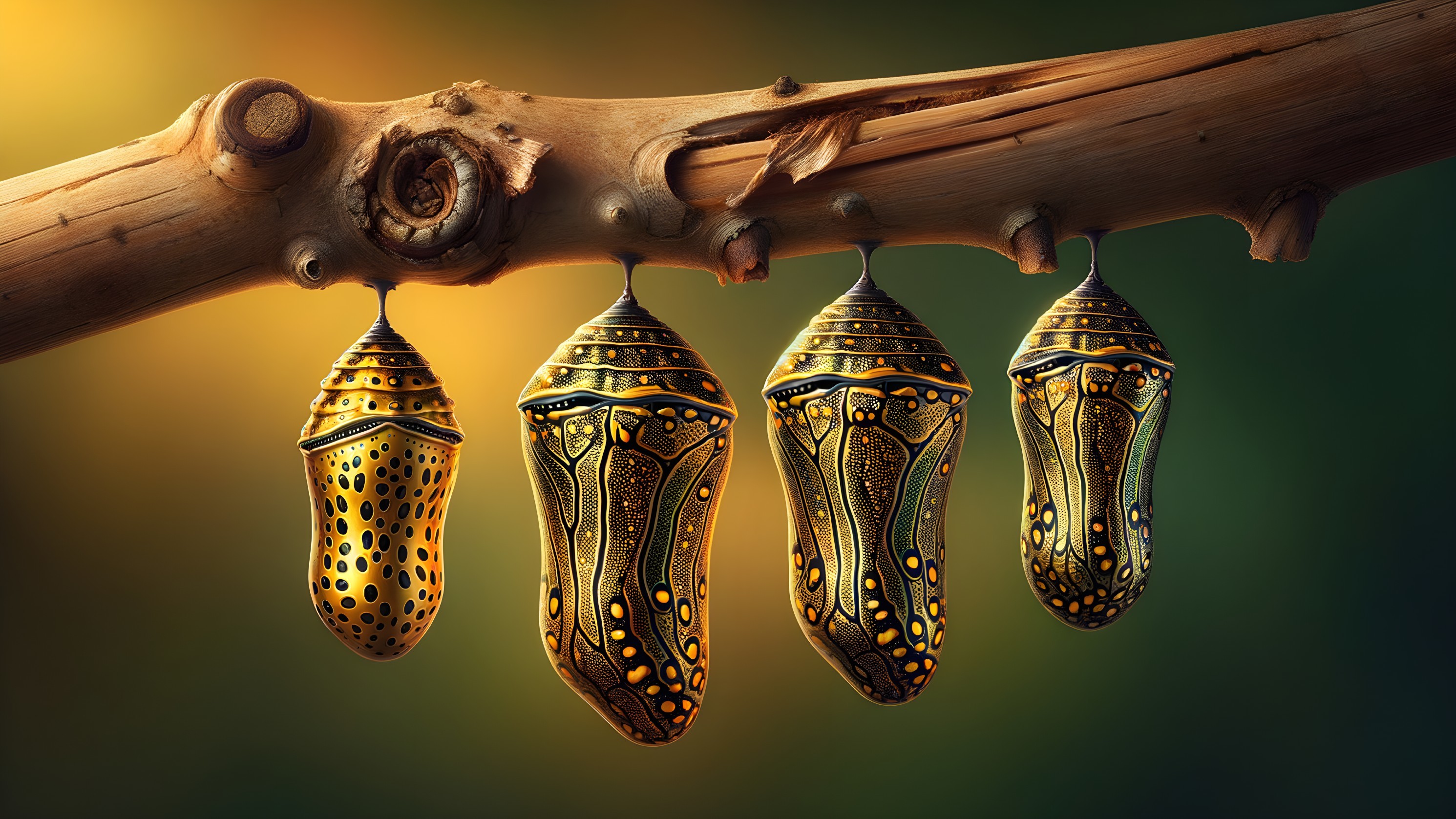 Intricately Designed Chrysalises on a Branch