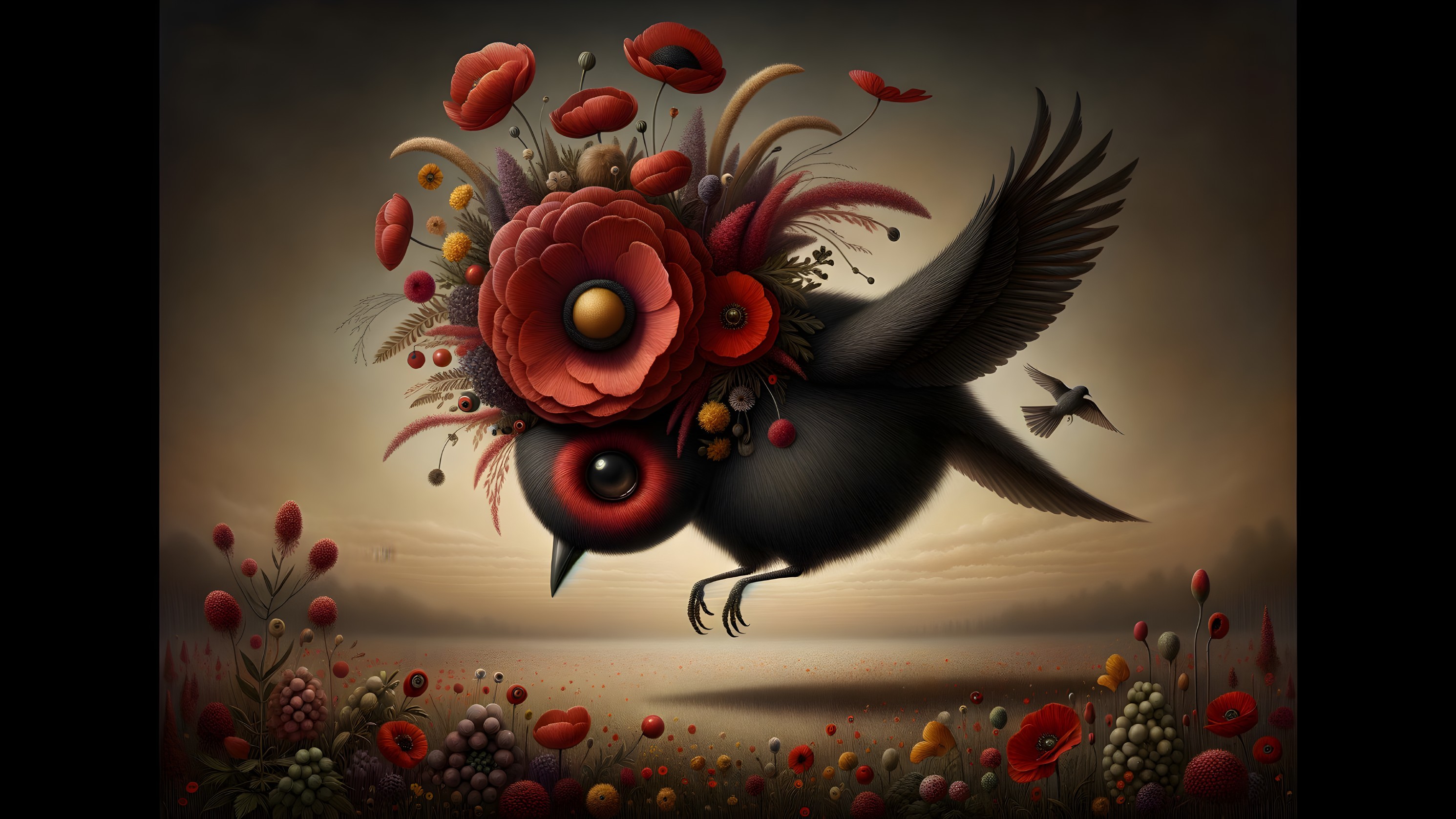 Surreal Bird with Floral Crown in Dreamy Landscape