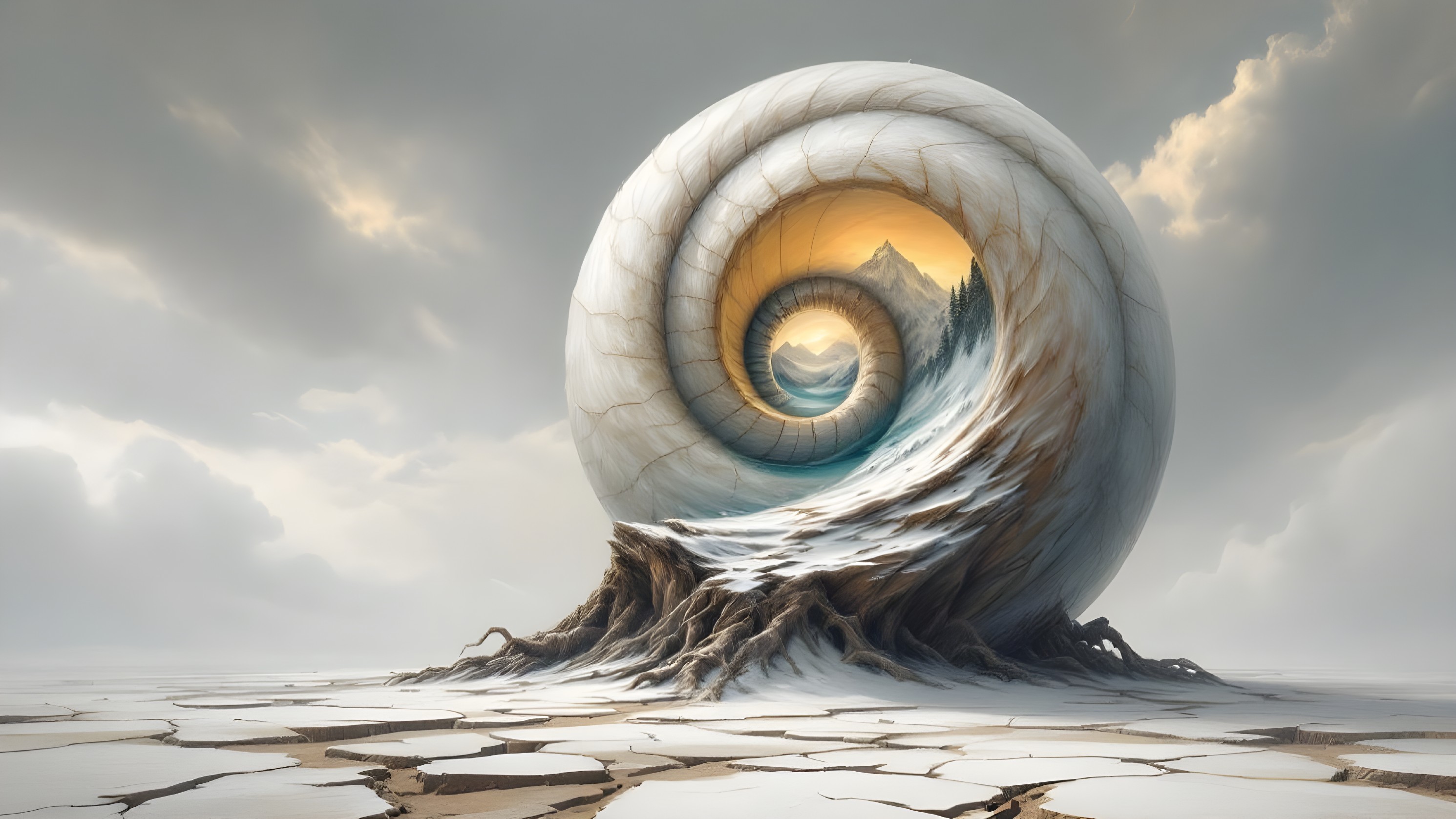 Surreal Landscape with Giant Spiraling Shell and Nature