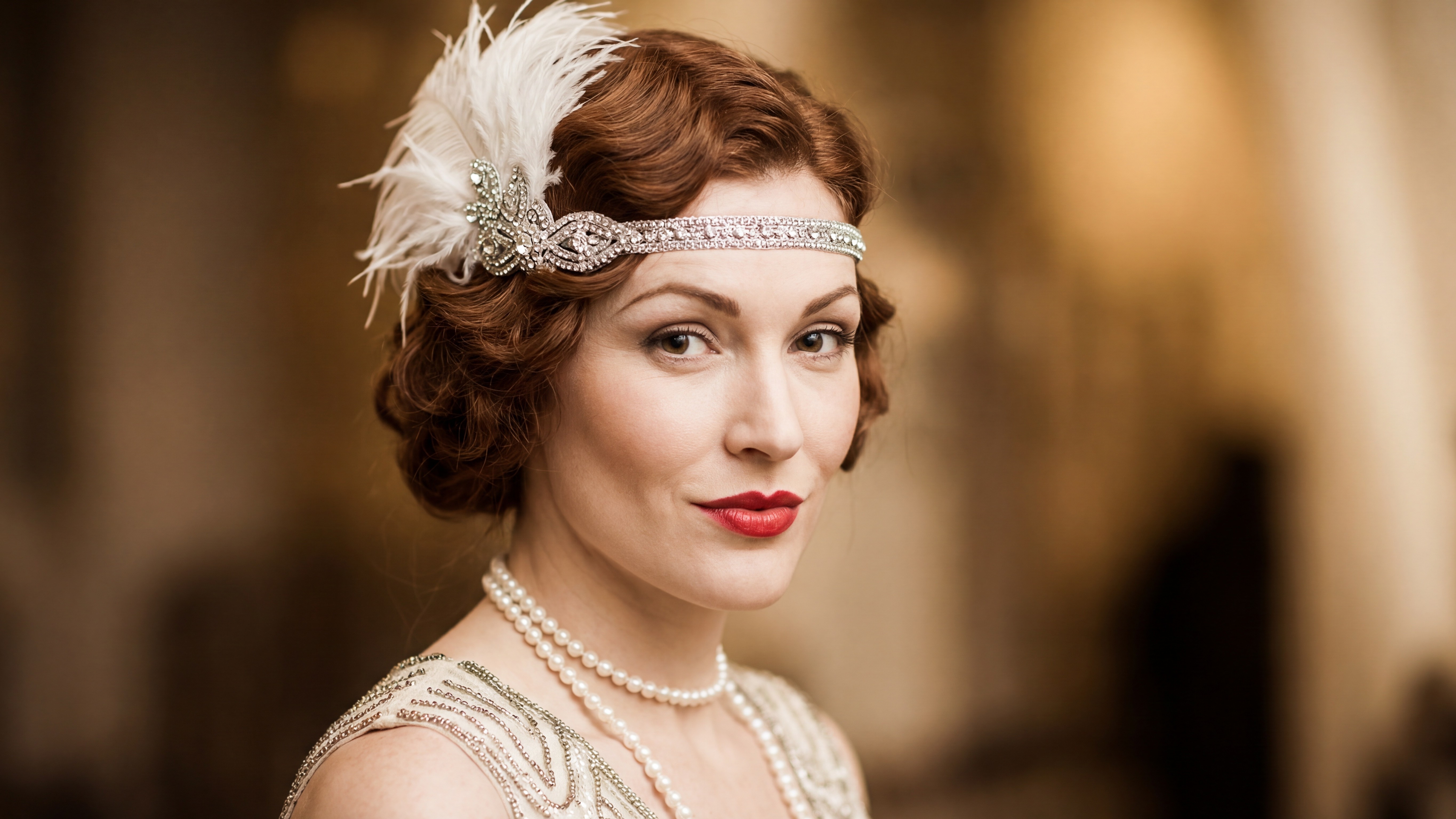 Red-haired woman in flapper dress with accessories
