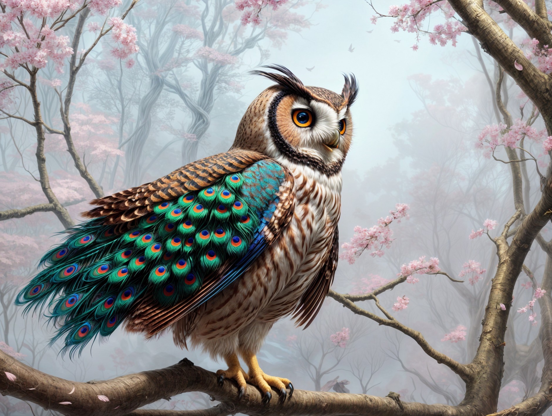 Majestic owl with vibrant feathers and cherry blossoms