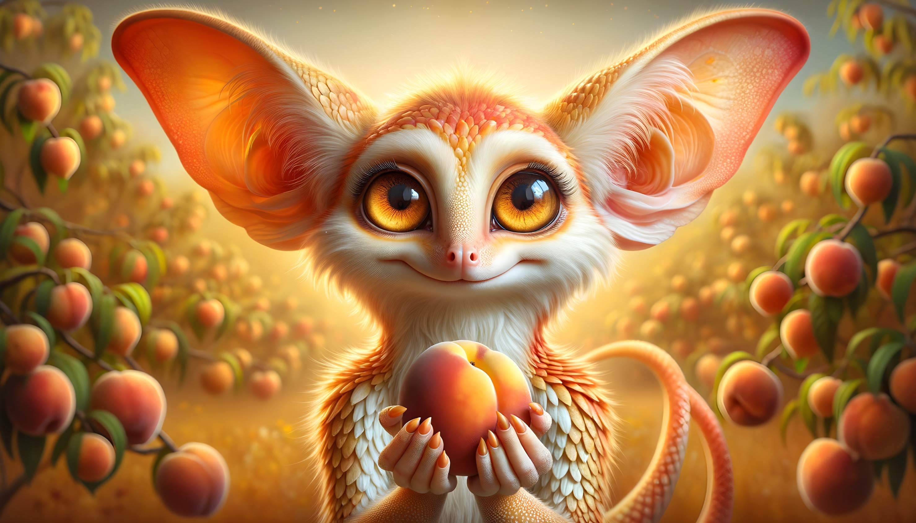 Whimsical Creature in Lush Peach Orchard Setting