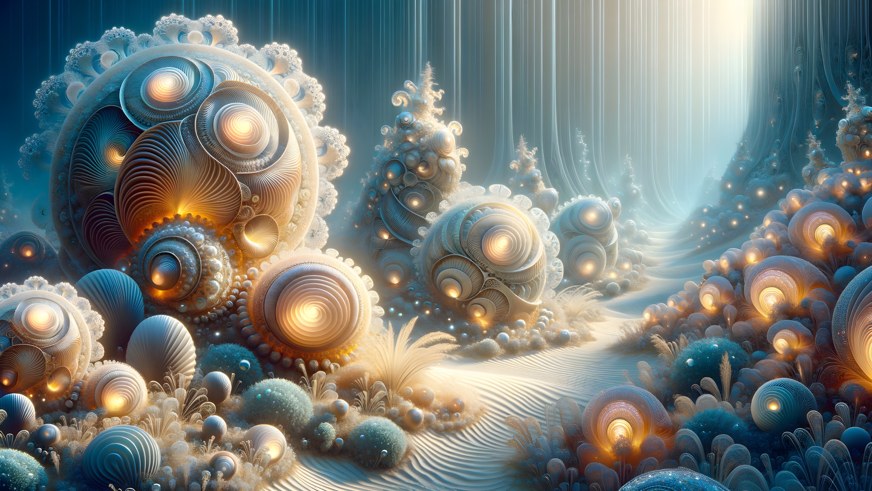 Surreal Landscape with Oversized Shells and Glowing Spheres