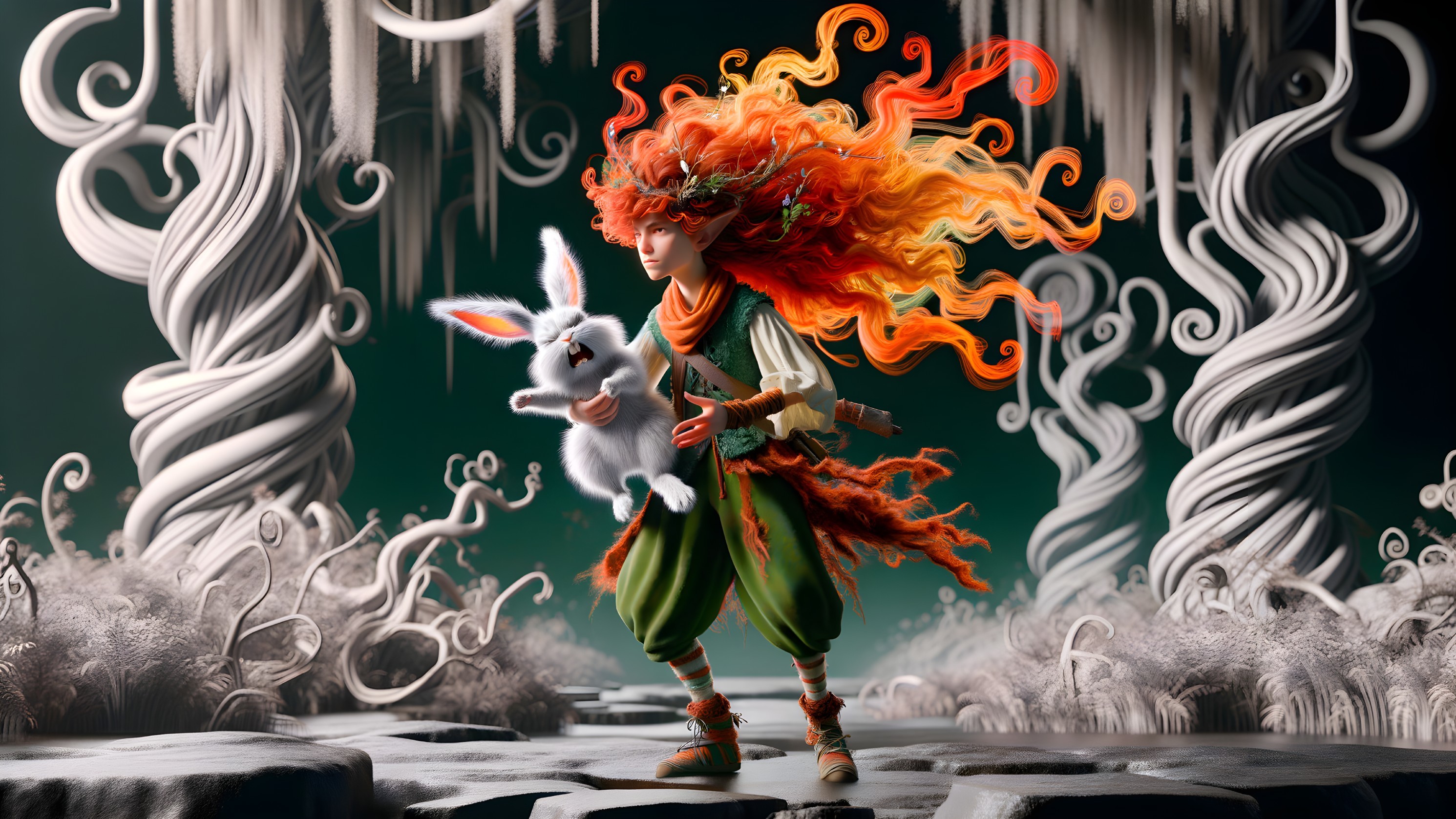 Whimsical Forest Scene with Vibrant Character and Rabbit