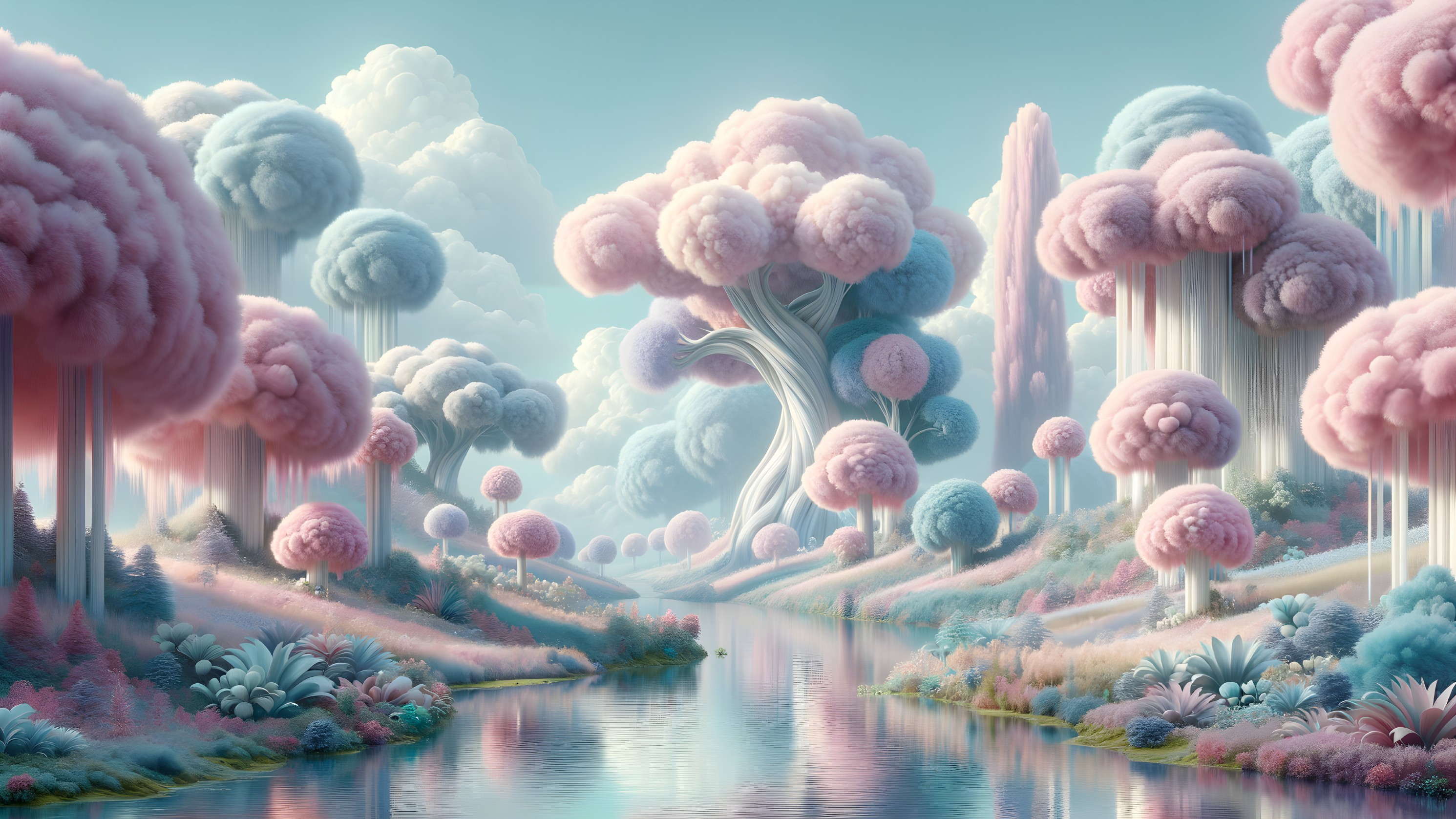 Dreamy Landscape with Pastel Trees and Serene River