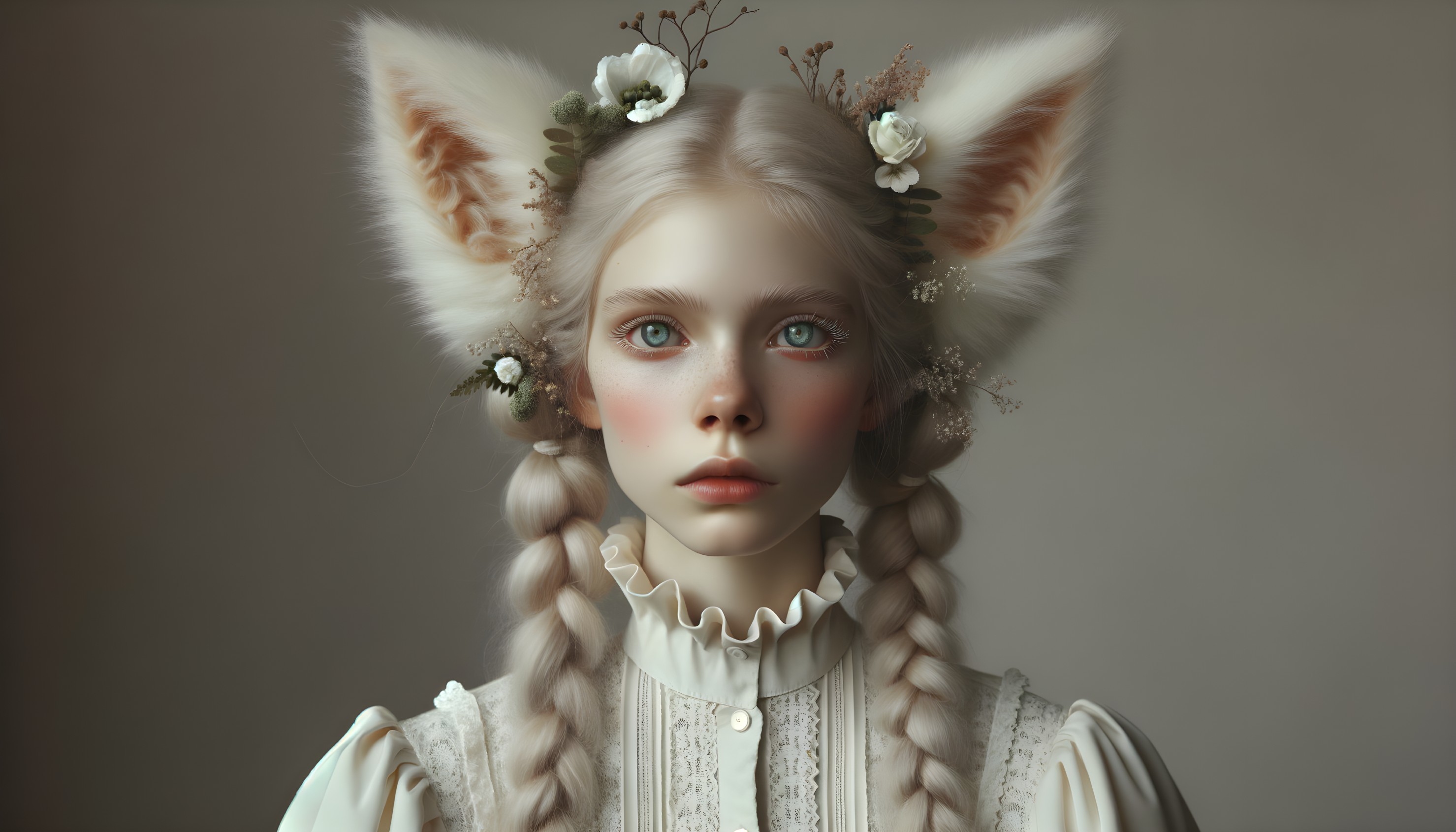 Portrait of a Young Girl with Furry Ears and Flowers