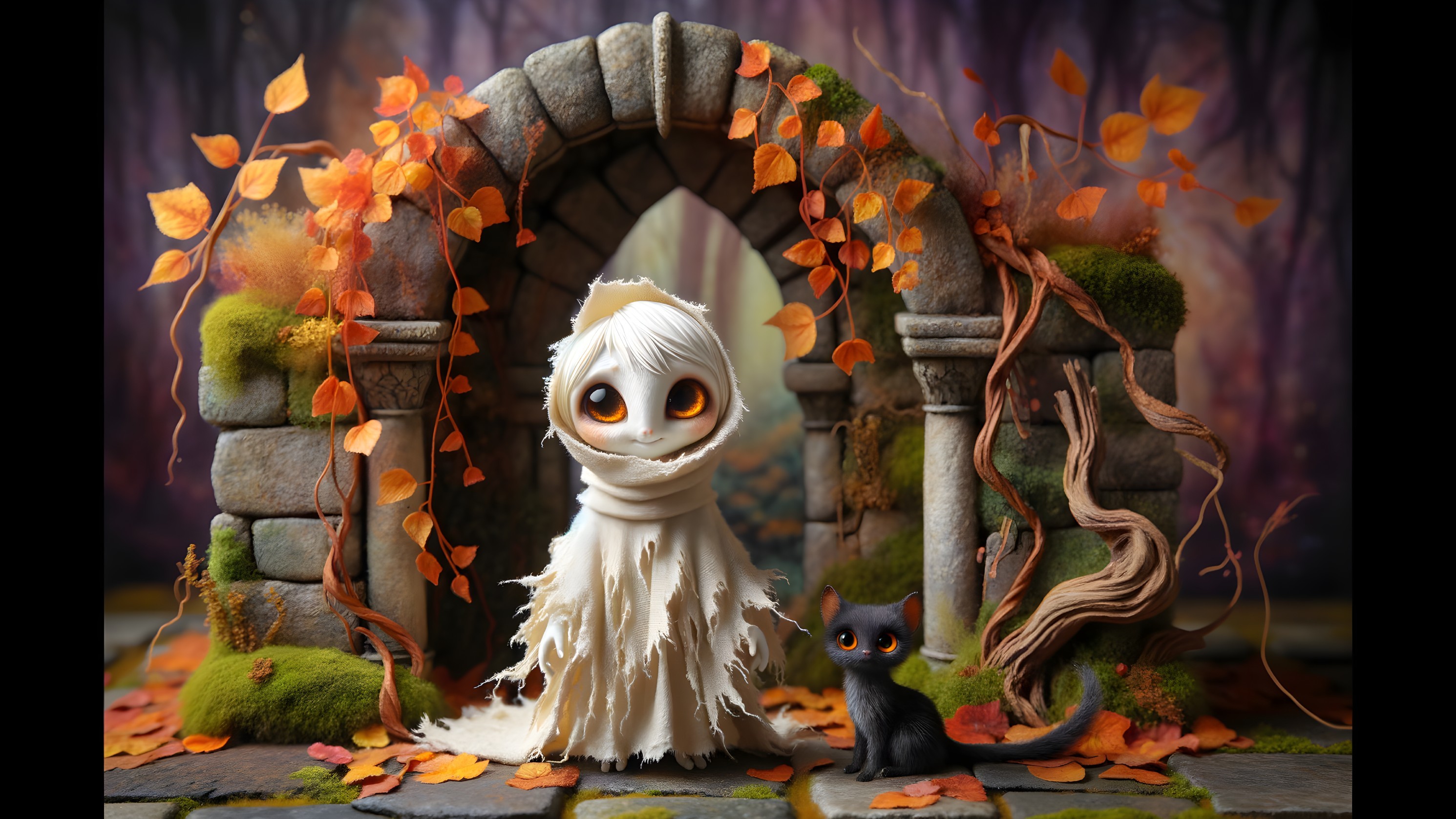 Whimsical Ghost Character with Playful Black Cat in Autumn