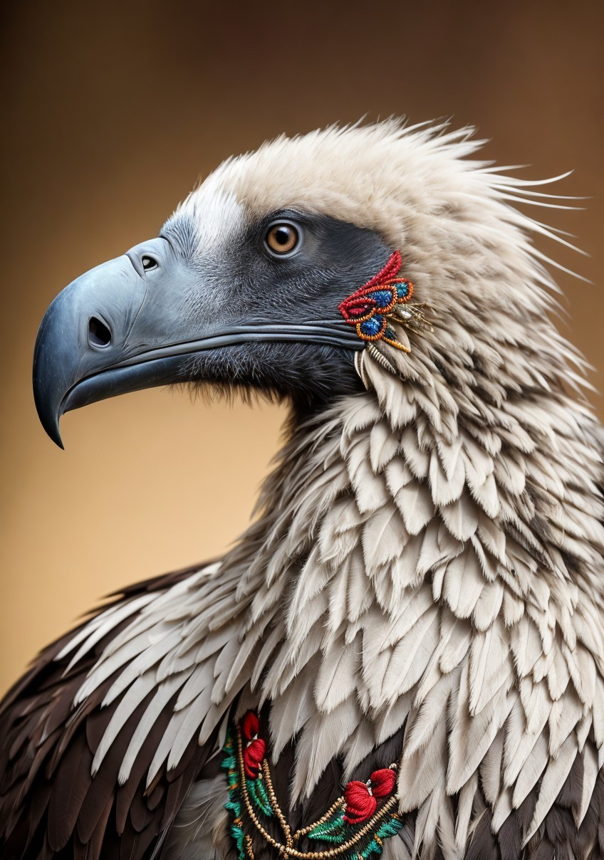 Colorful Beaded Jewelry Adorns Vulture Close-Up