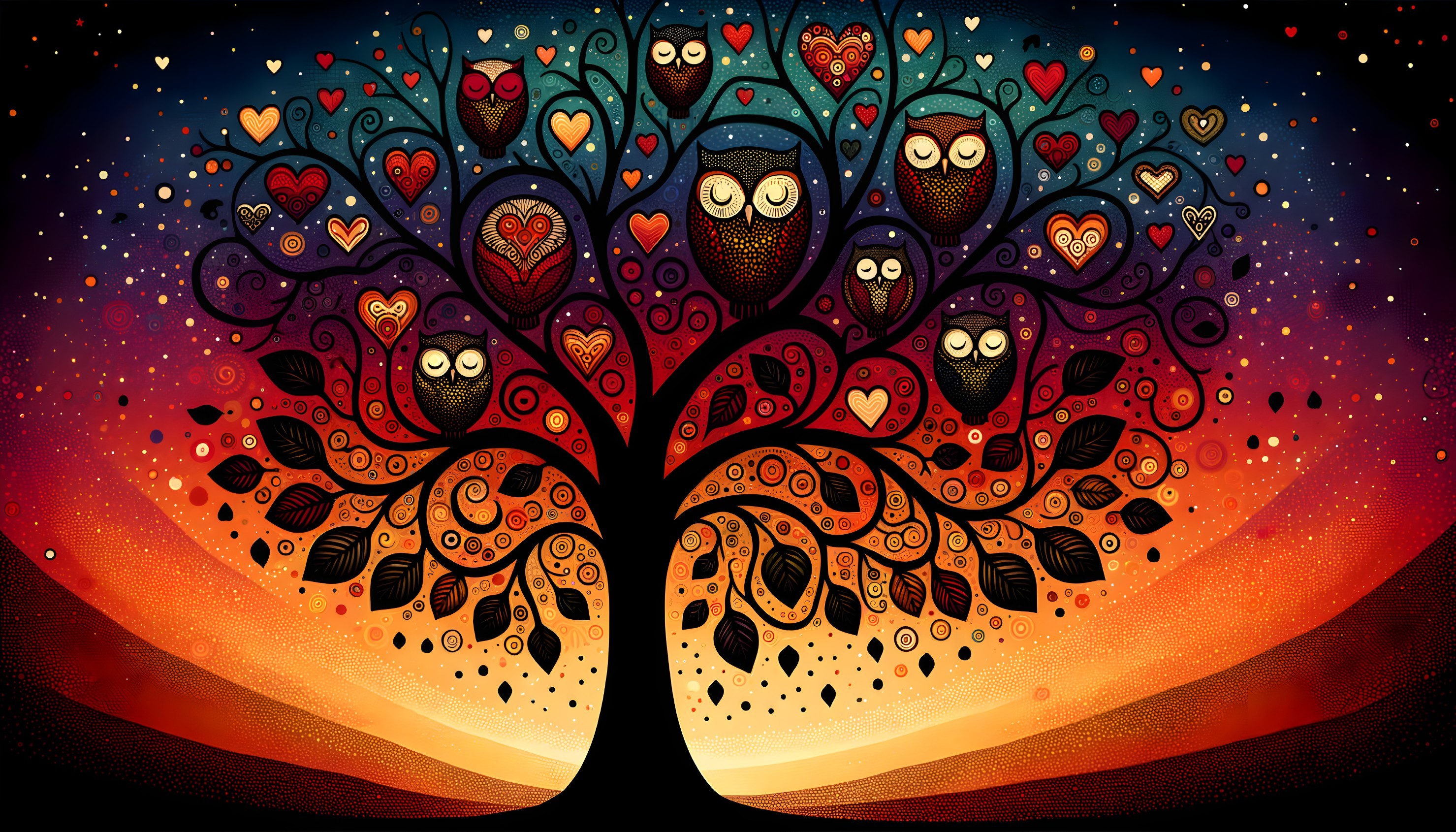 Vibrant Artistic Tree with Colorful Hearts and Owls