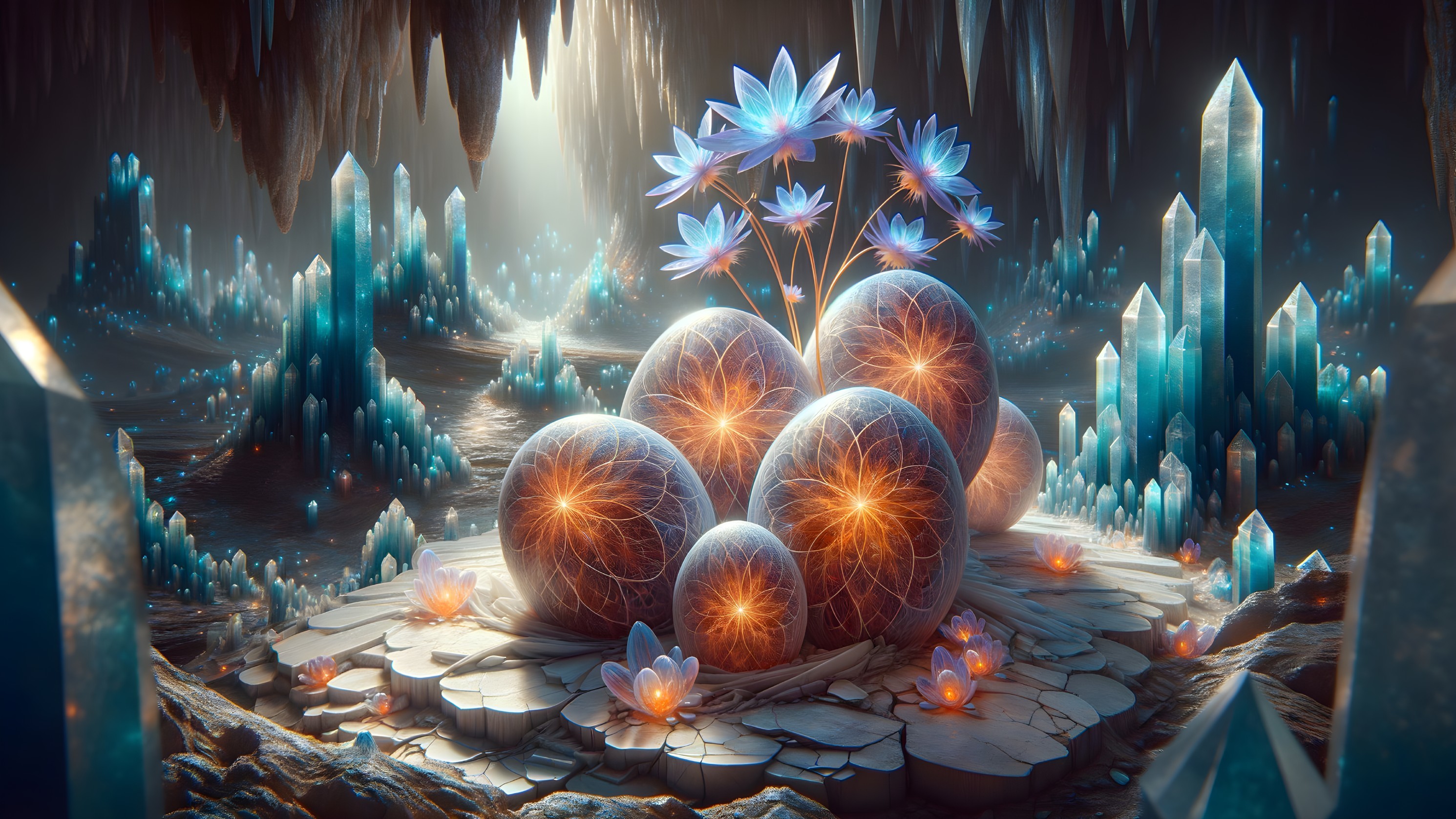 Mystical Underground Cavern with Glowing Crystals and Flora