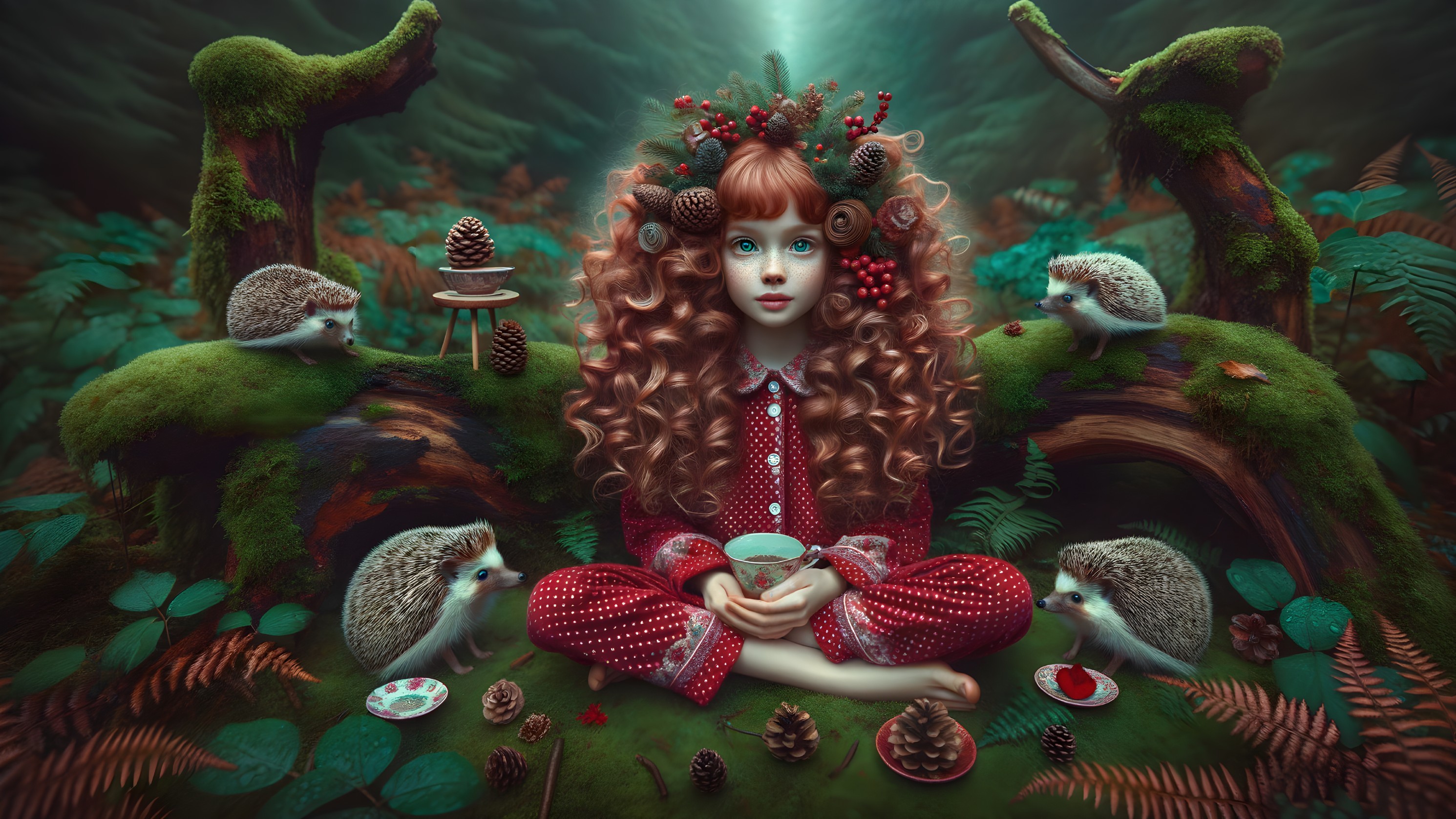 Whimsical Forest Scene with Girl and Hedgehogs