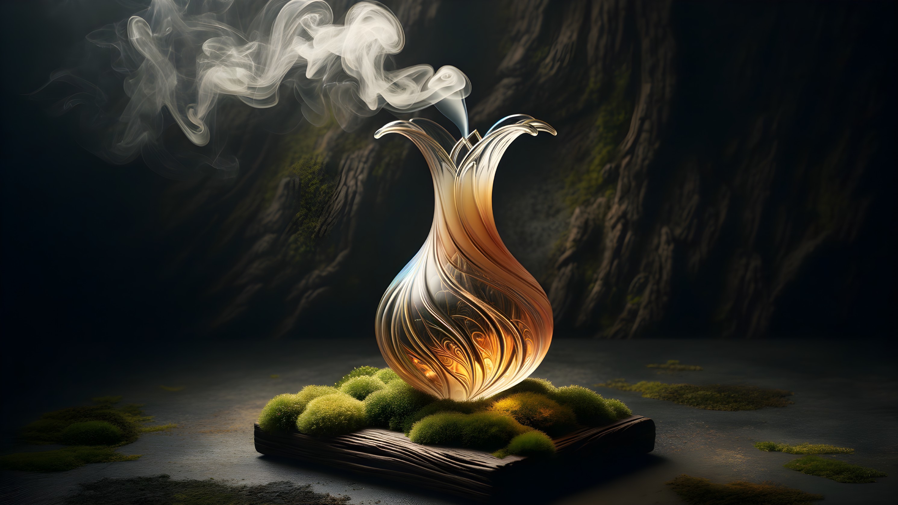 Intricate Glass Vase with Smoke on Rustic Base