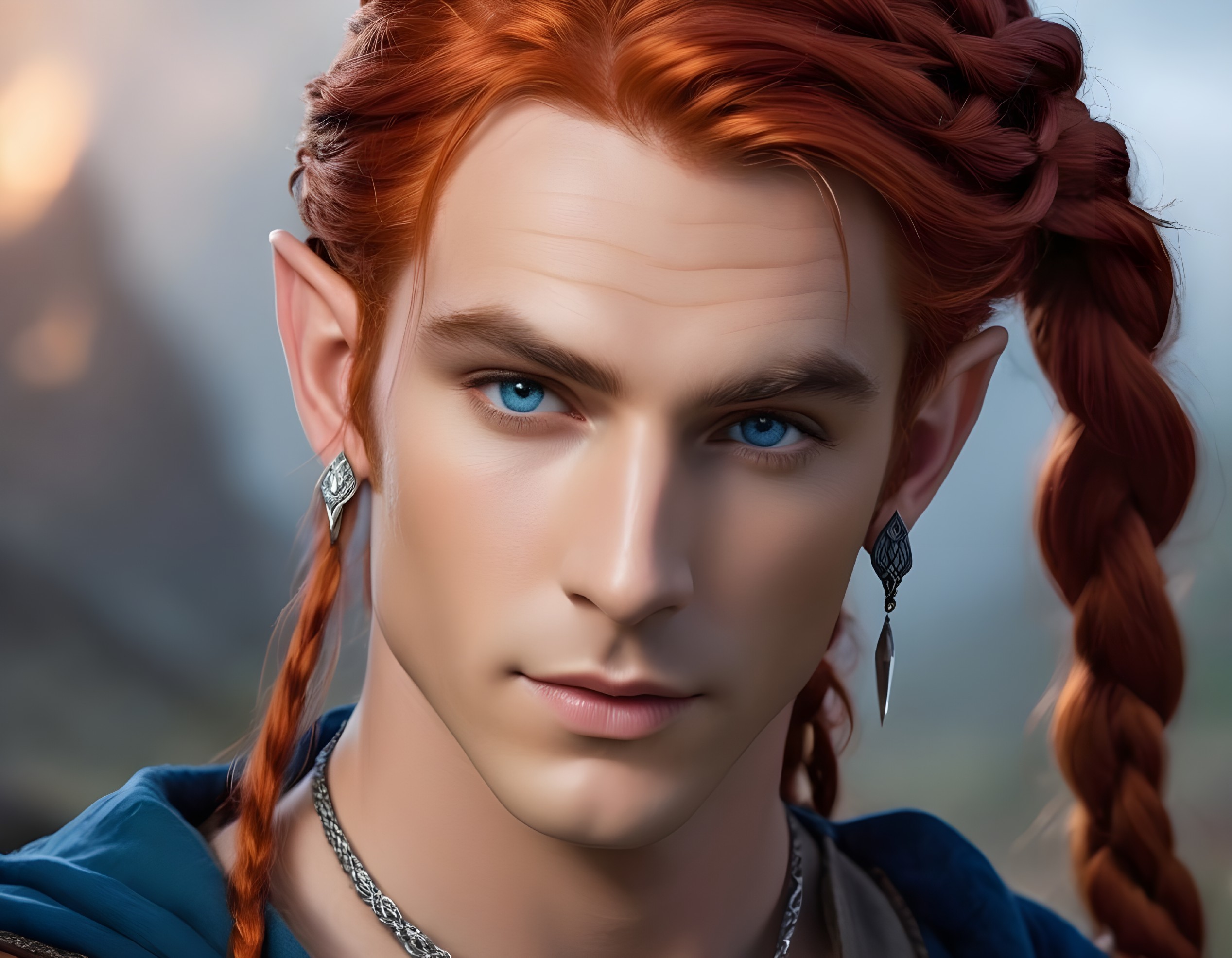 Character with Red Braids and Blue Eyes in Fantasy Setting
