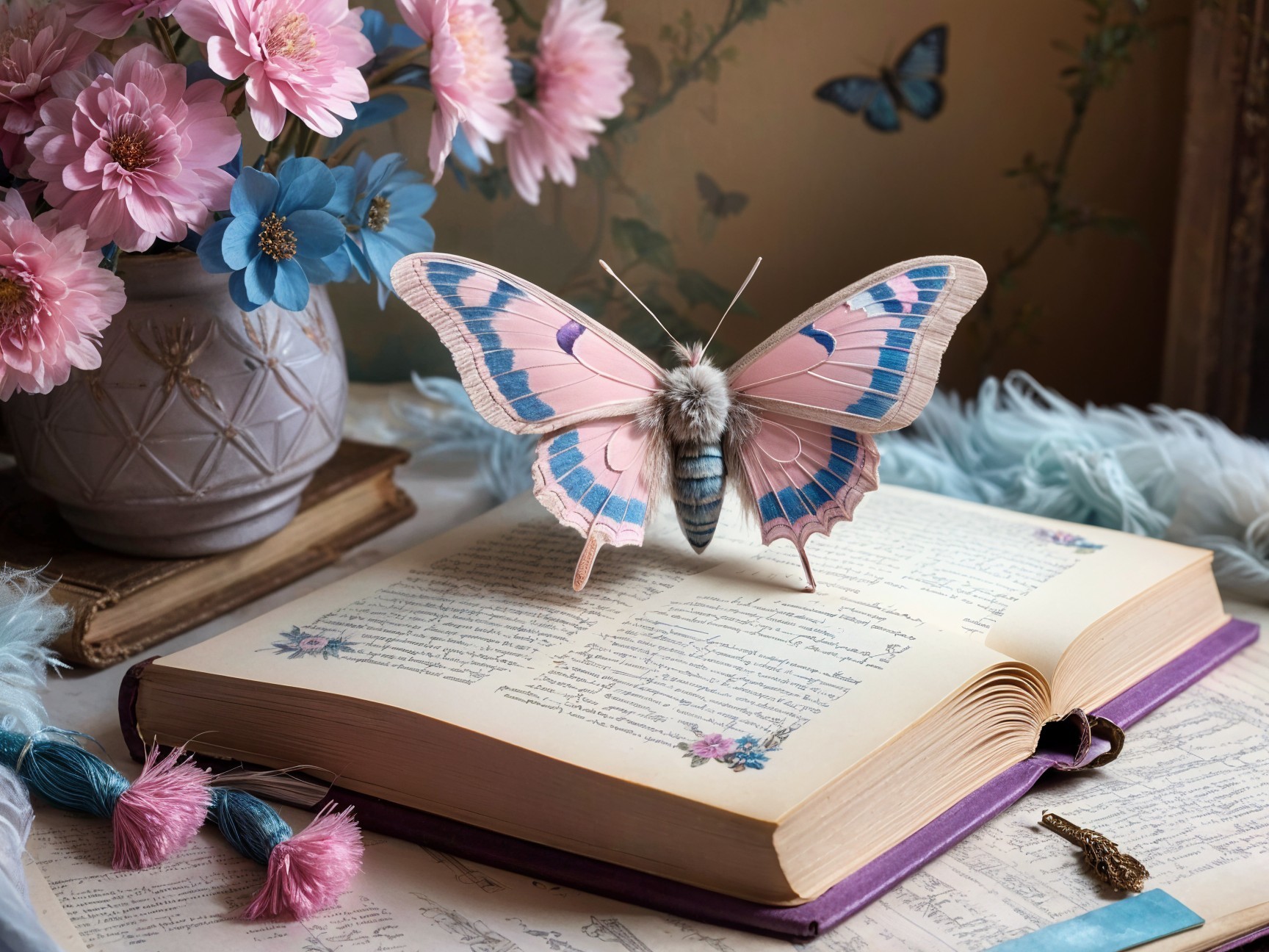 Open Book with Butterfly and Vibrant Flowers Arrangement