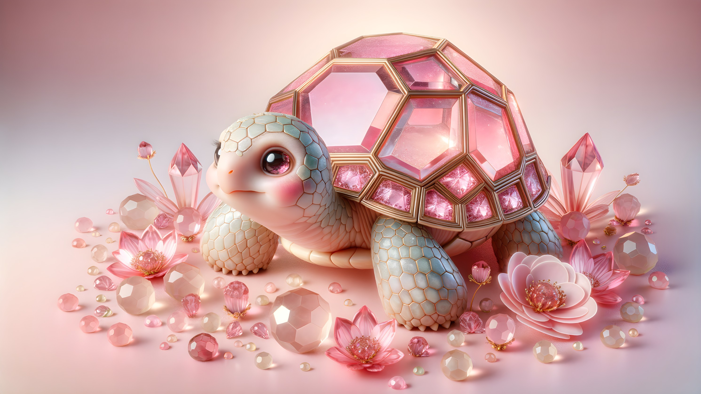 Whimsical Turtle with Jewel-Like Shell Among Flowers