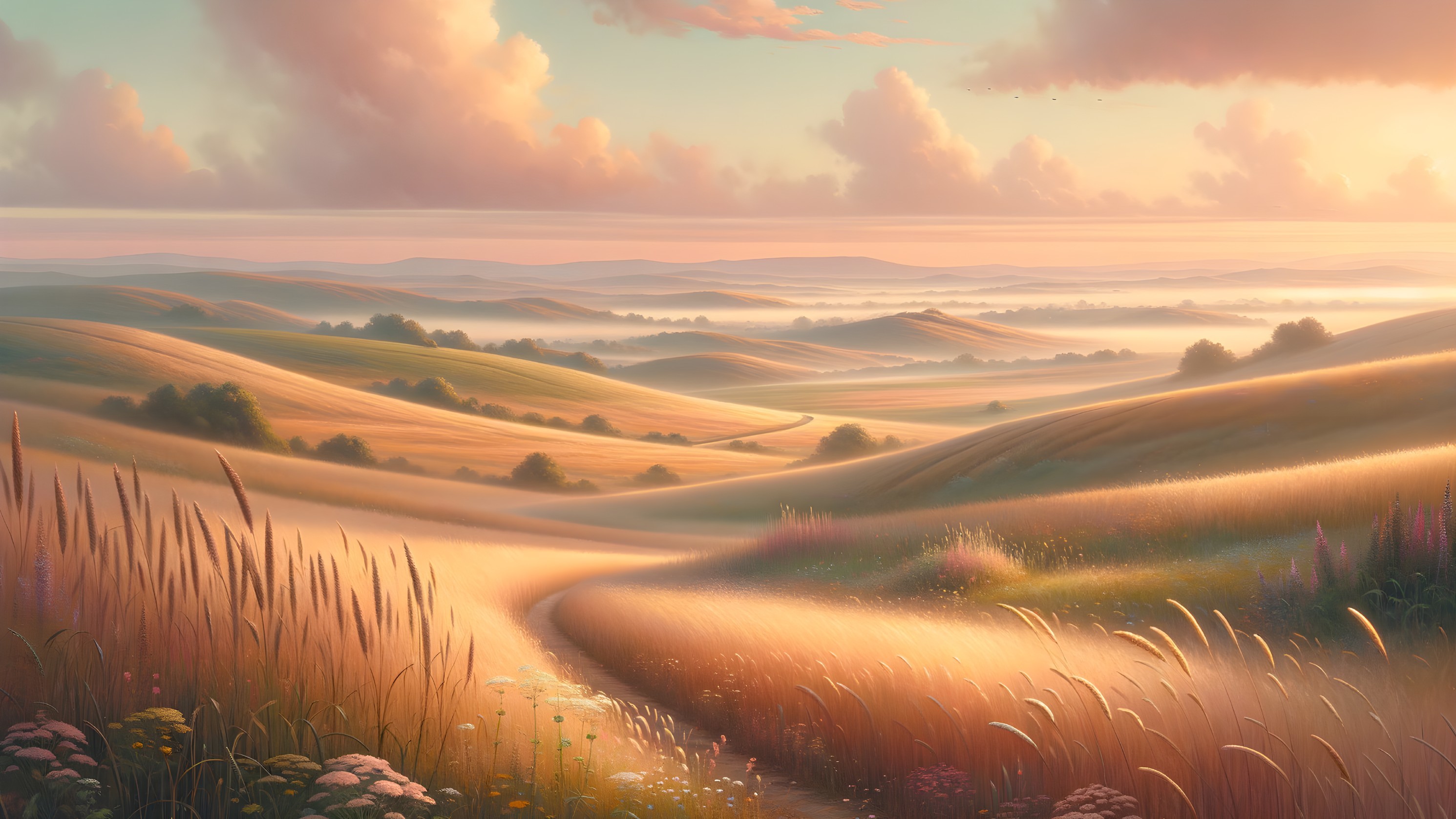 Serene Landscape of Rolling Hills at Sunrise