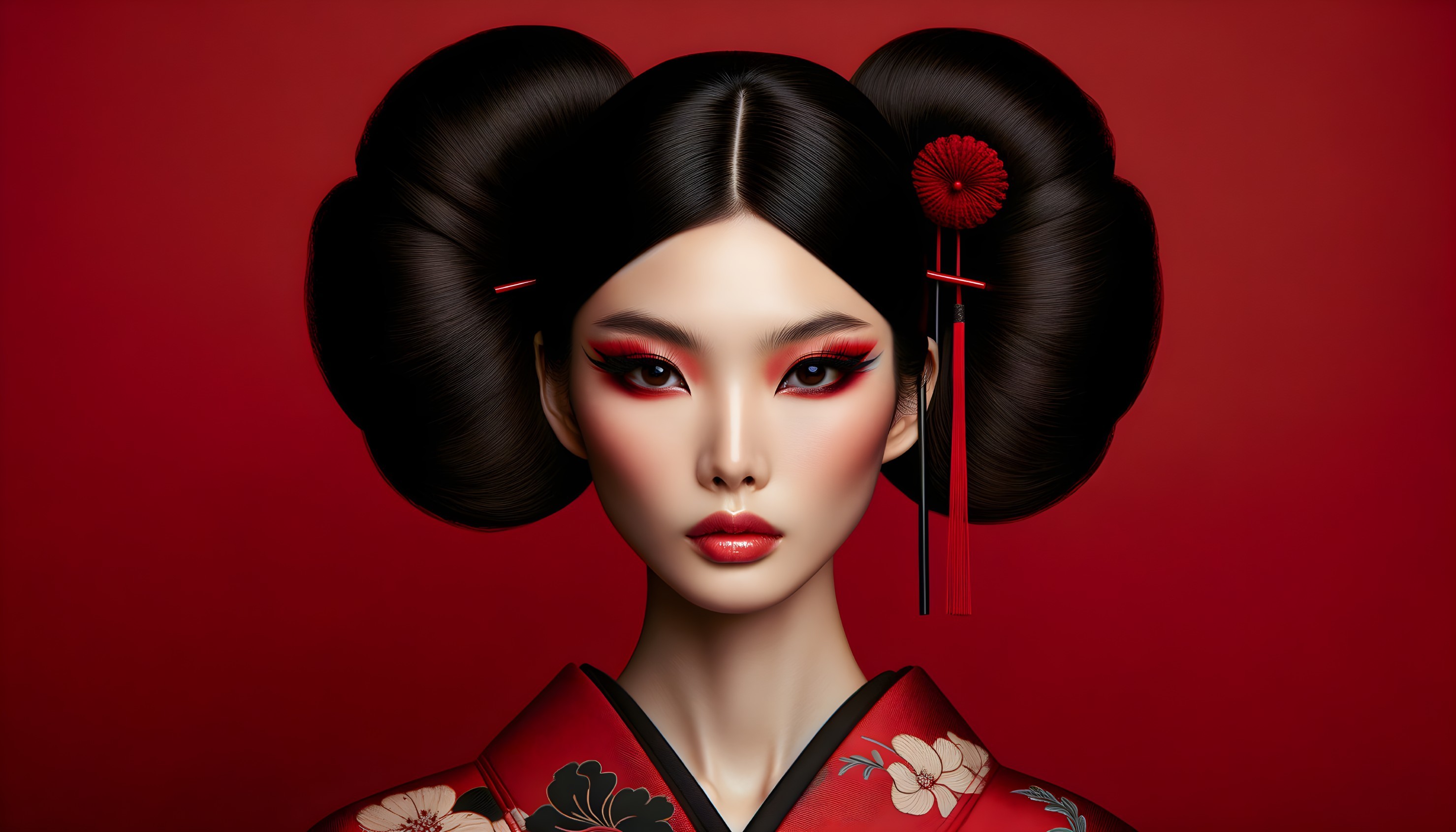 Portrait of a woman in a red kimono with buns