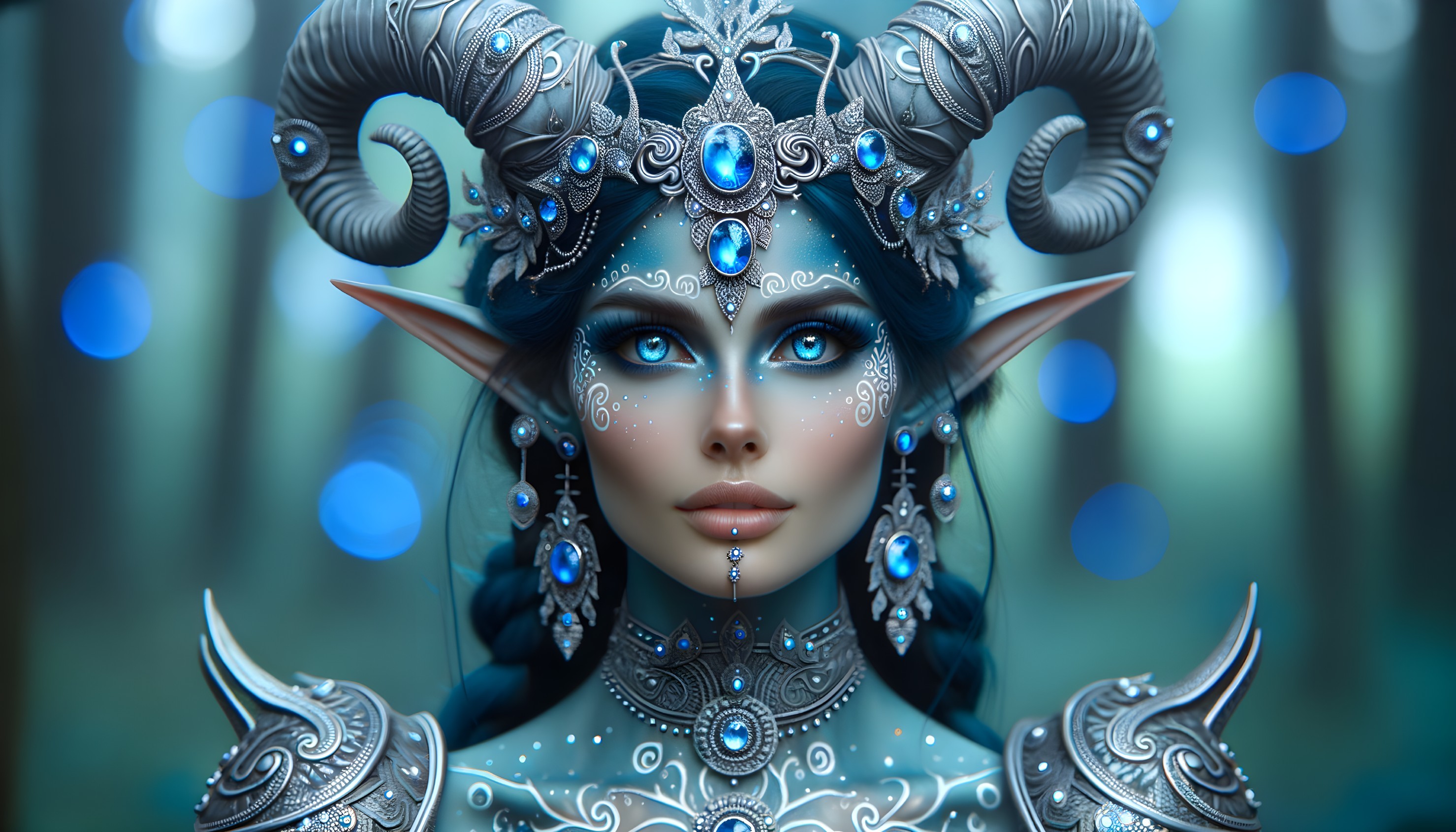 Mystical Character with Blue Eyes and Ornate Adornments