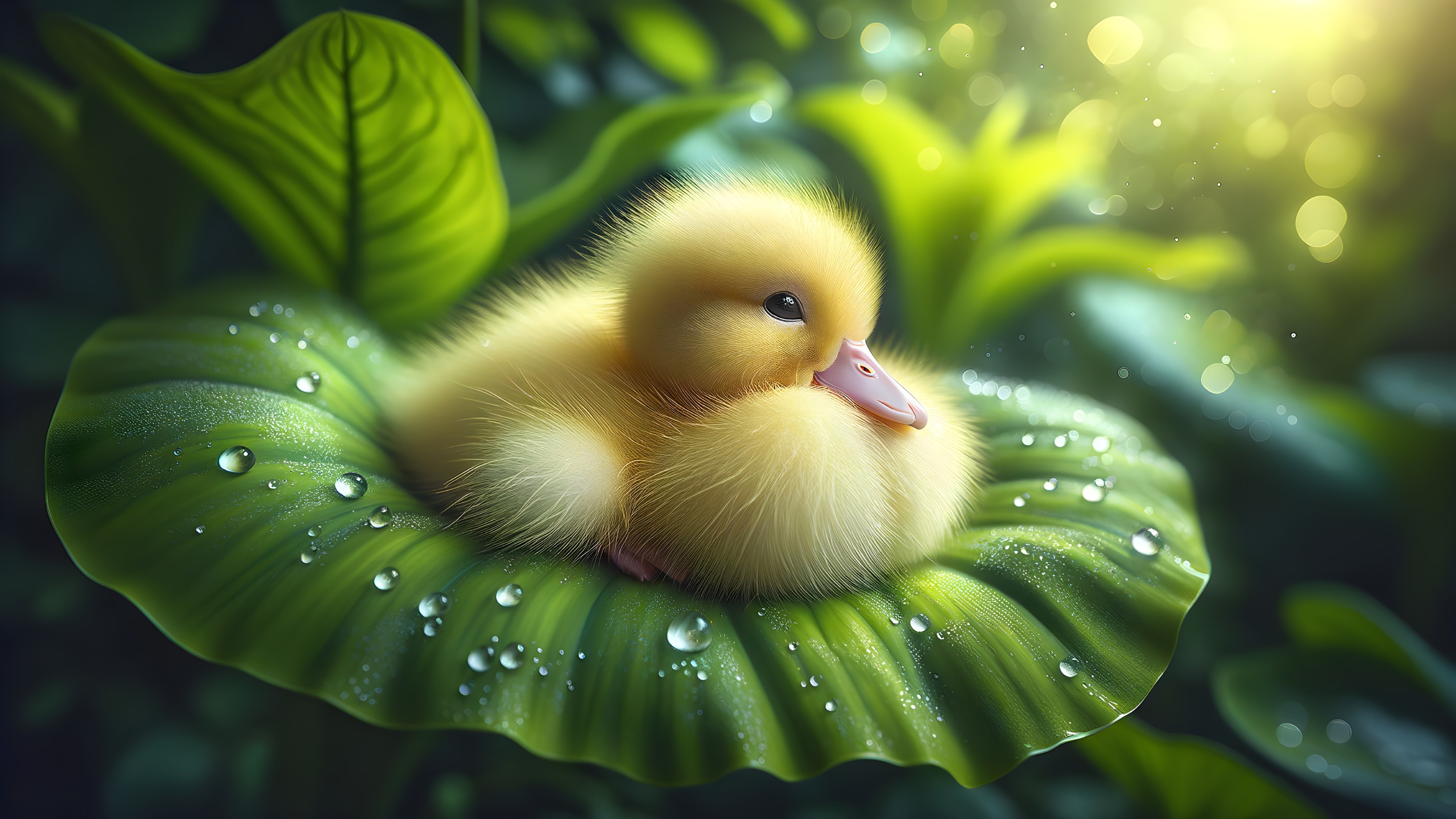 Duckling on Leaf in Serene Morning Light