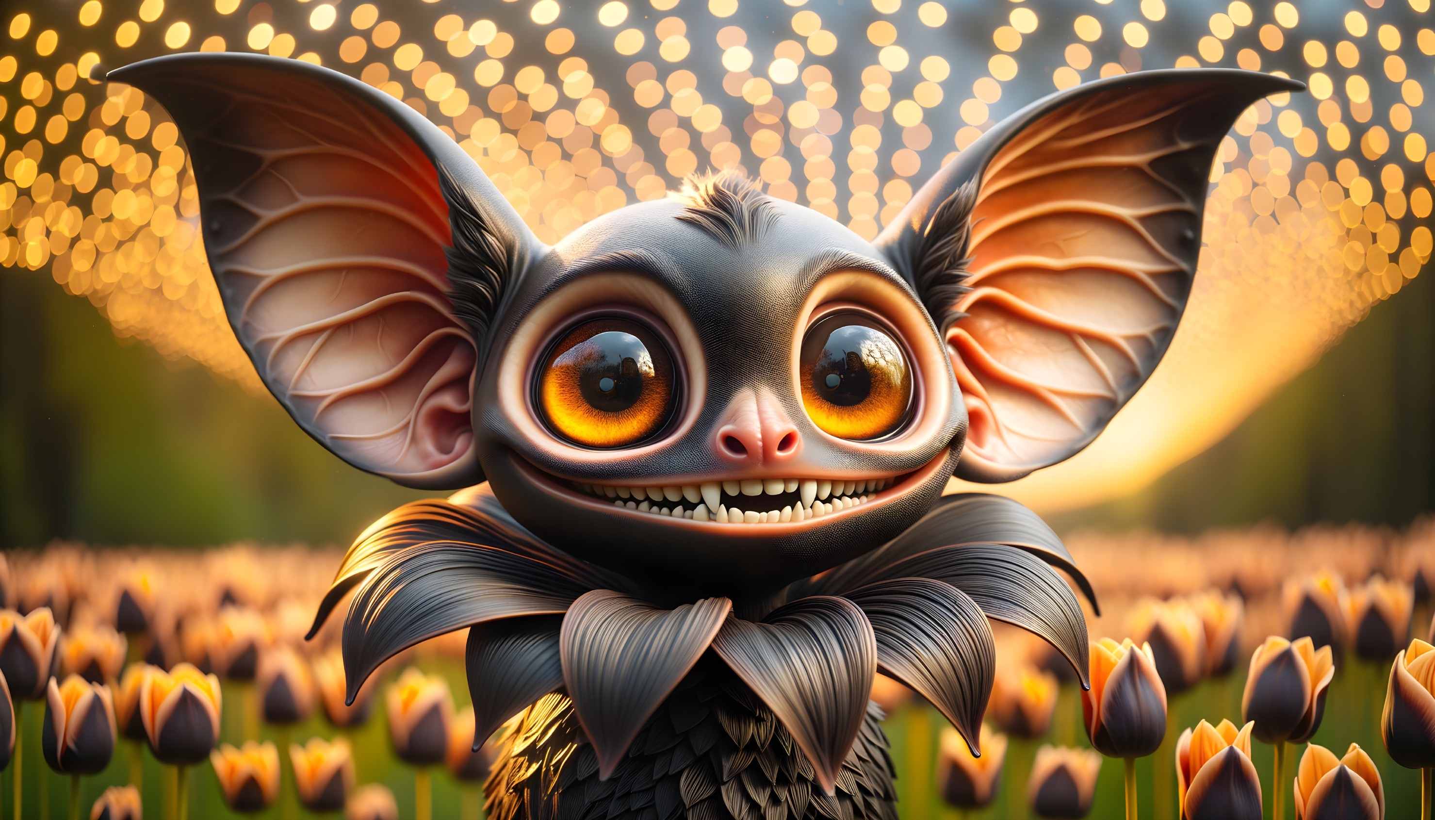 Cartoon Creature in Tulip Field with Glowing Lights