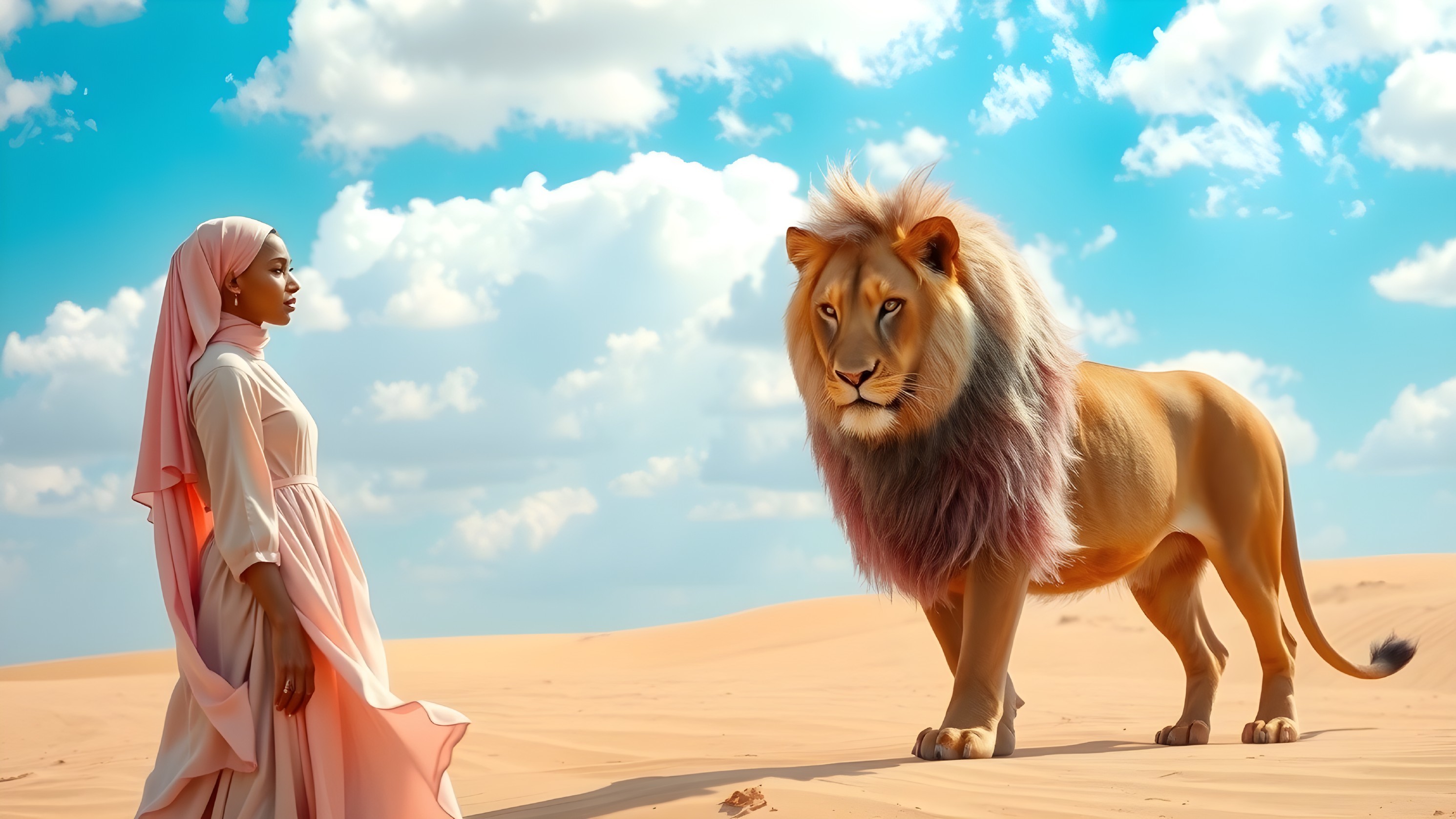 Desert Encounter Between Woman and Majestic Lion