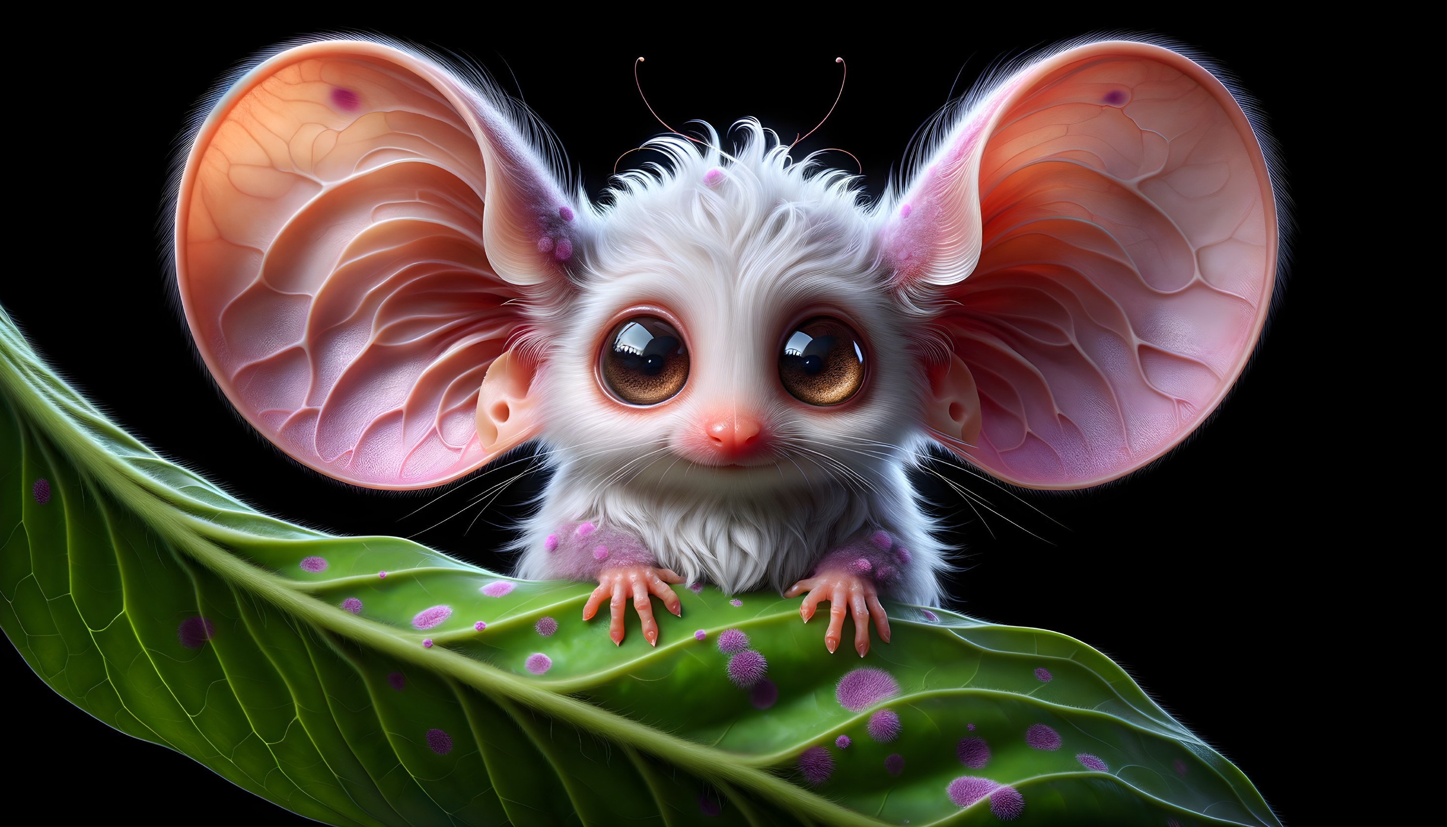 Whimsical Creature on a Green Leaf with Fluffy Fur