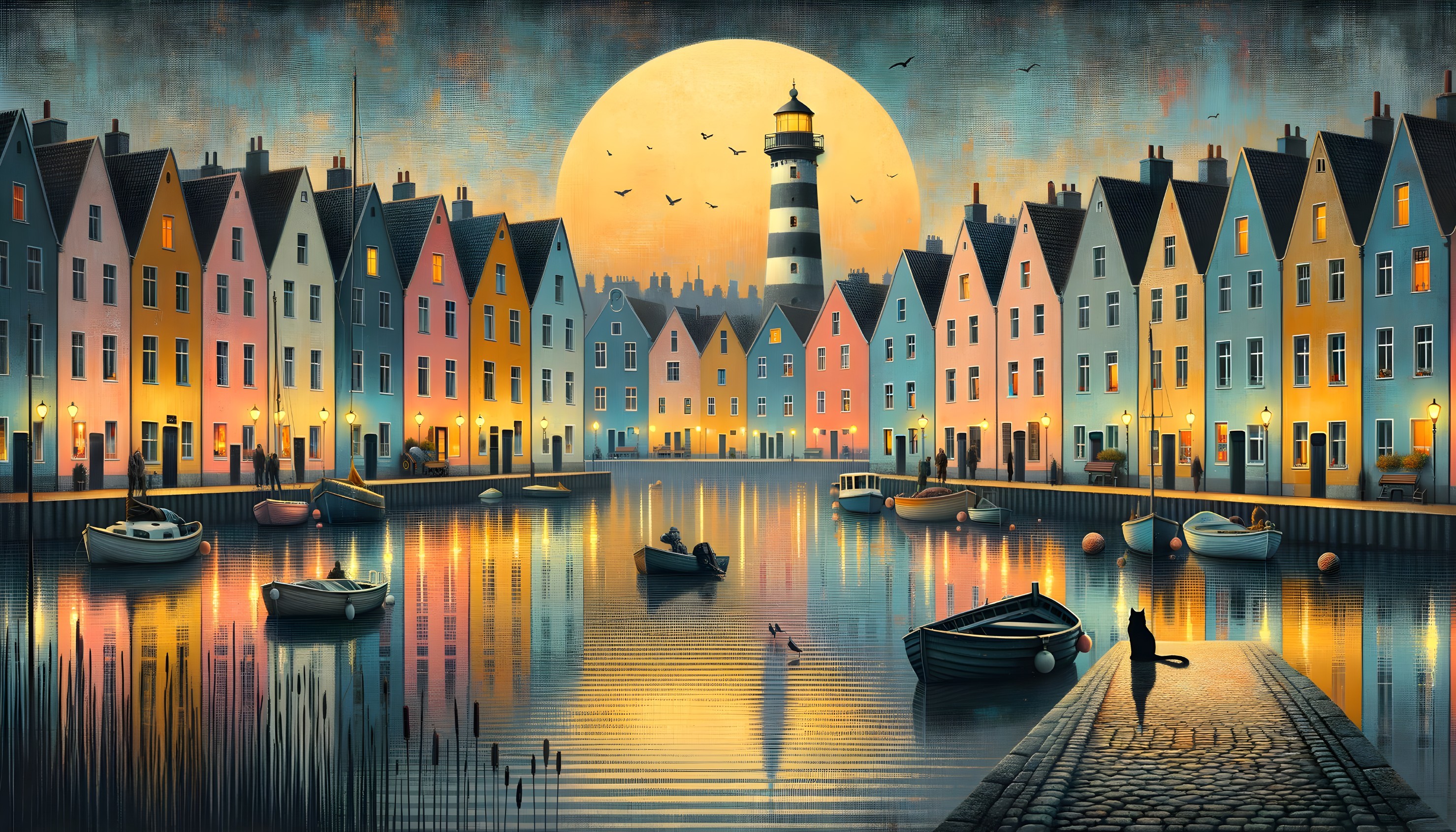 Serene waterfront scene at dusk with colorful houses