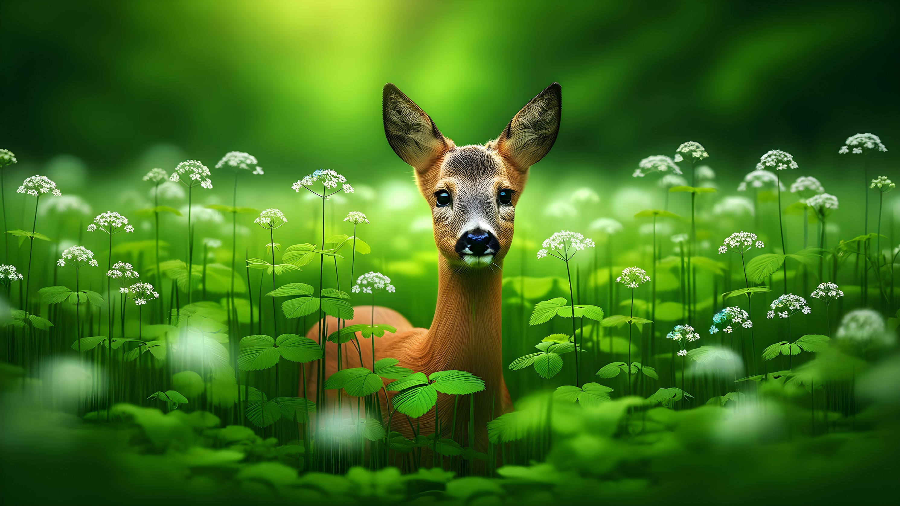 Young Deer in Lush Green Forest with White Flowers