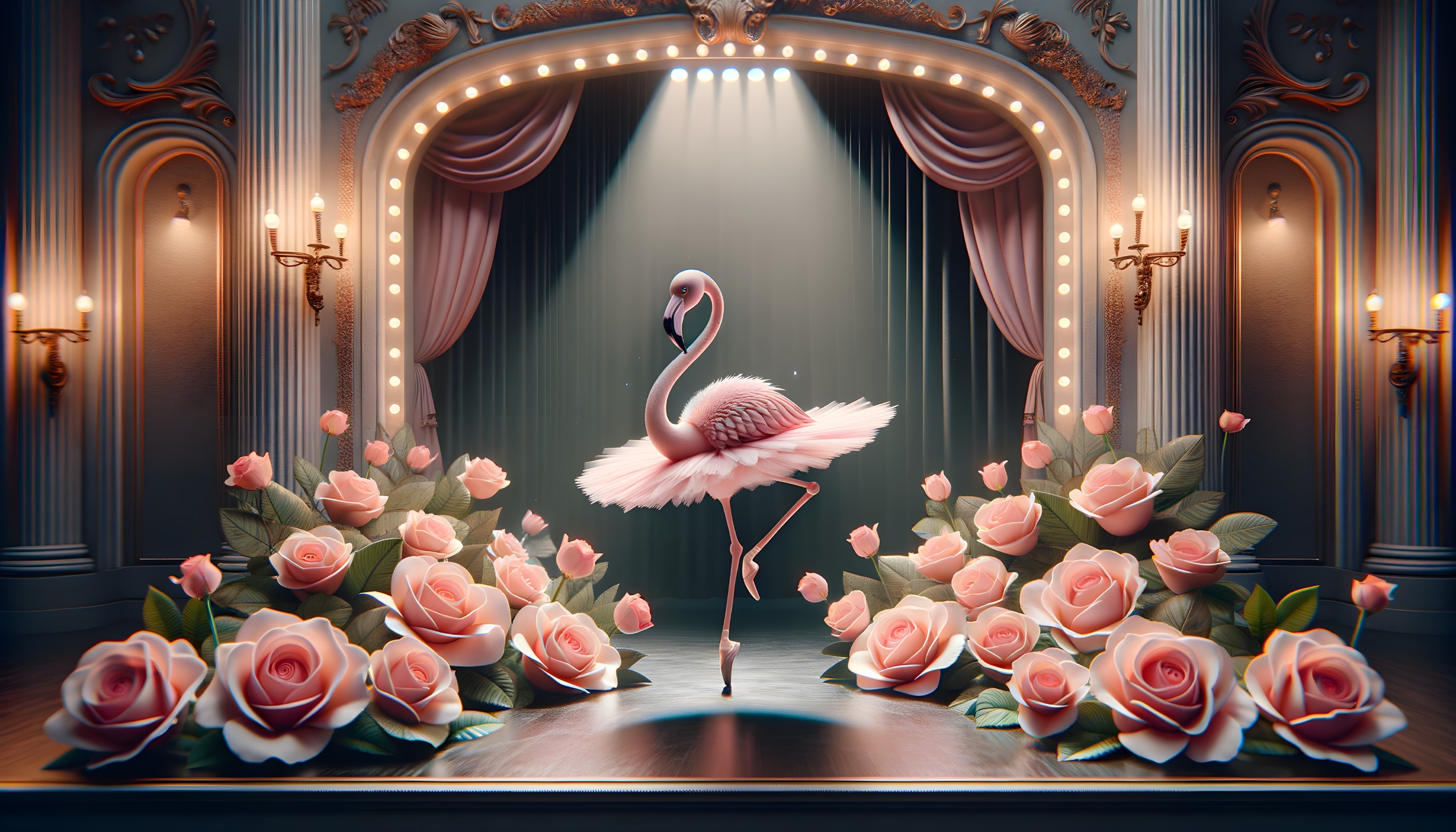 Flamingo in Tutu Surrounded by Roses and Drapes