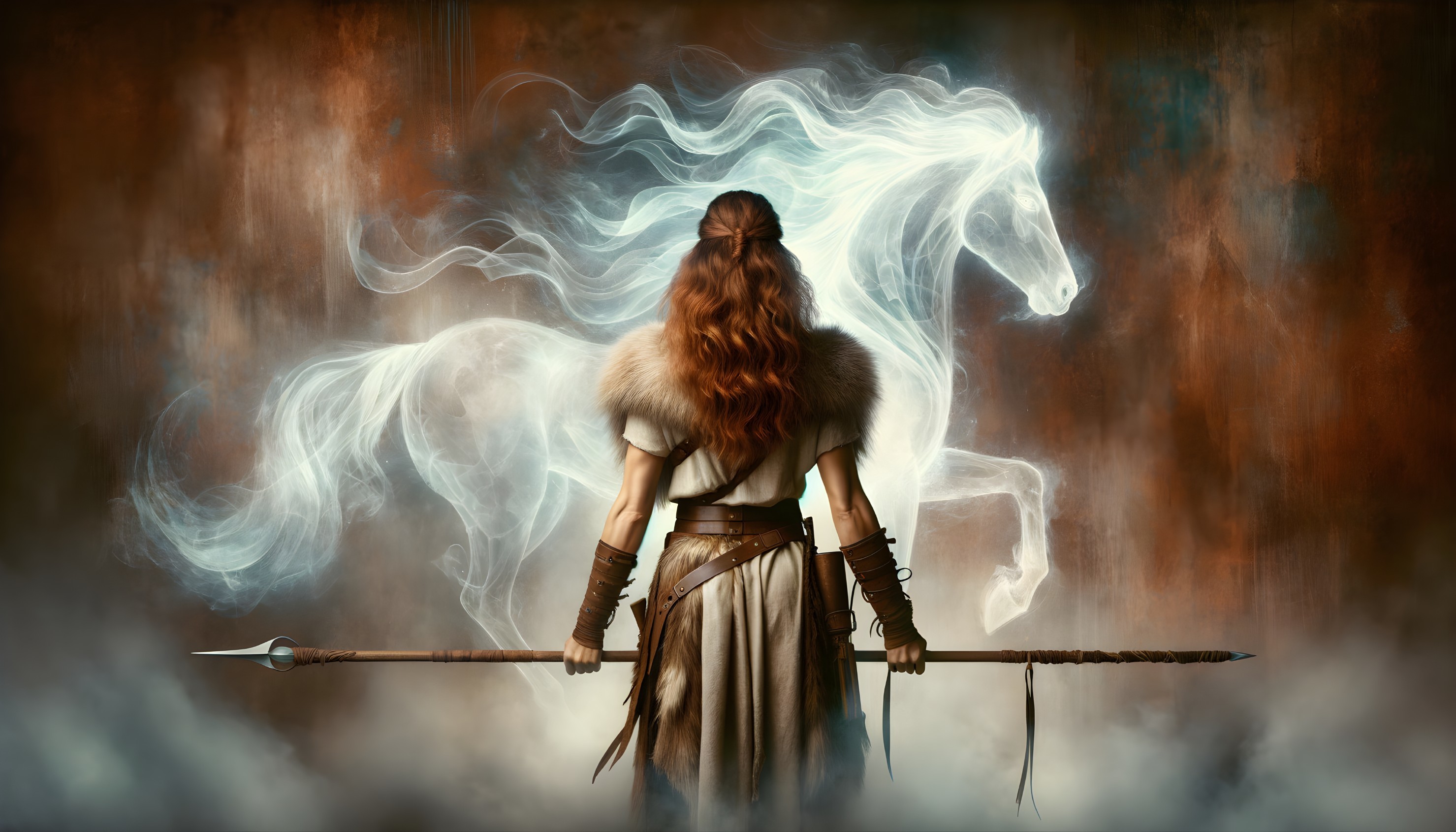 Mystical Warrior and Ethereal White Horse in Fantasy Scene