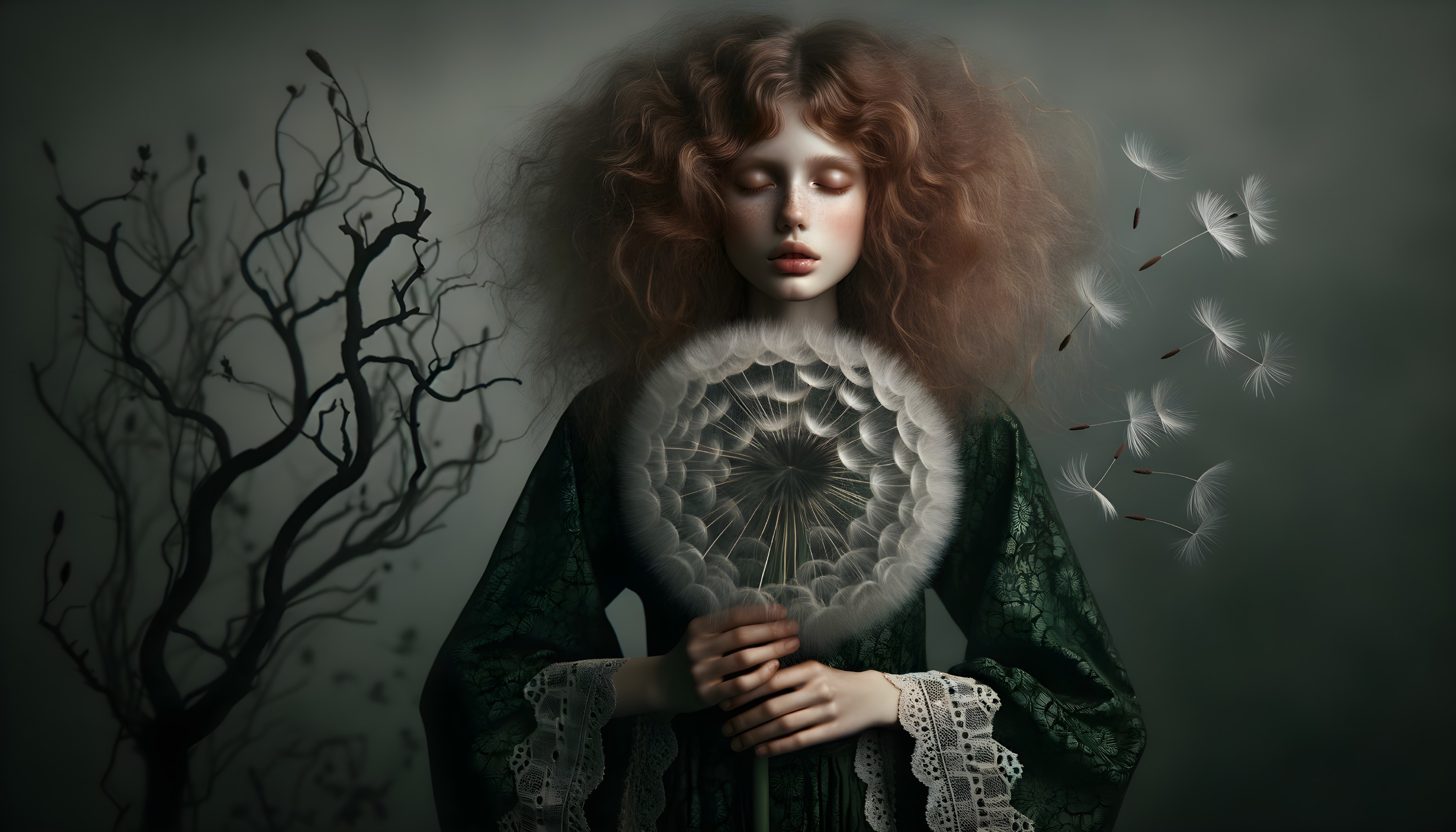 Young woman with dandelion puff in ethereal setting