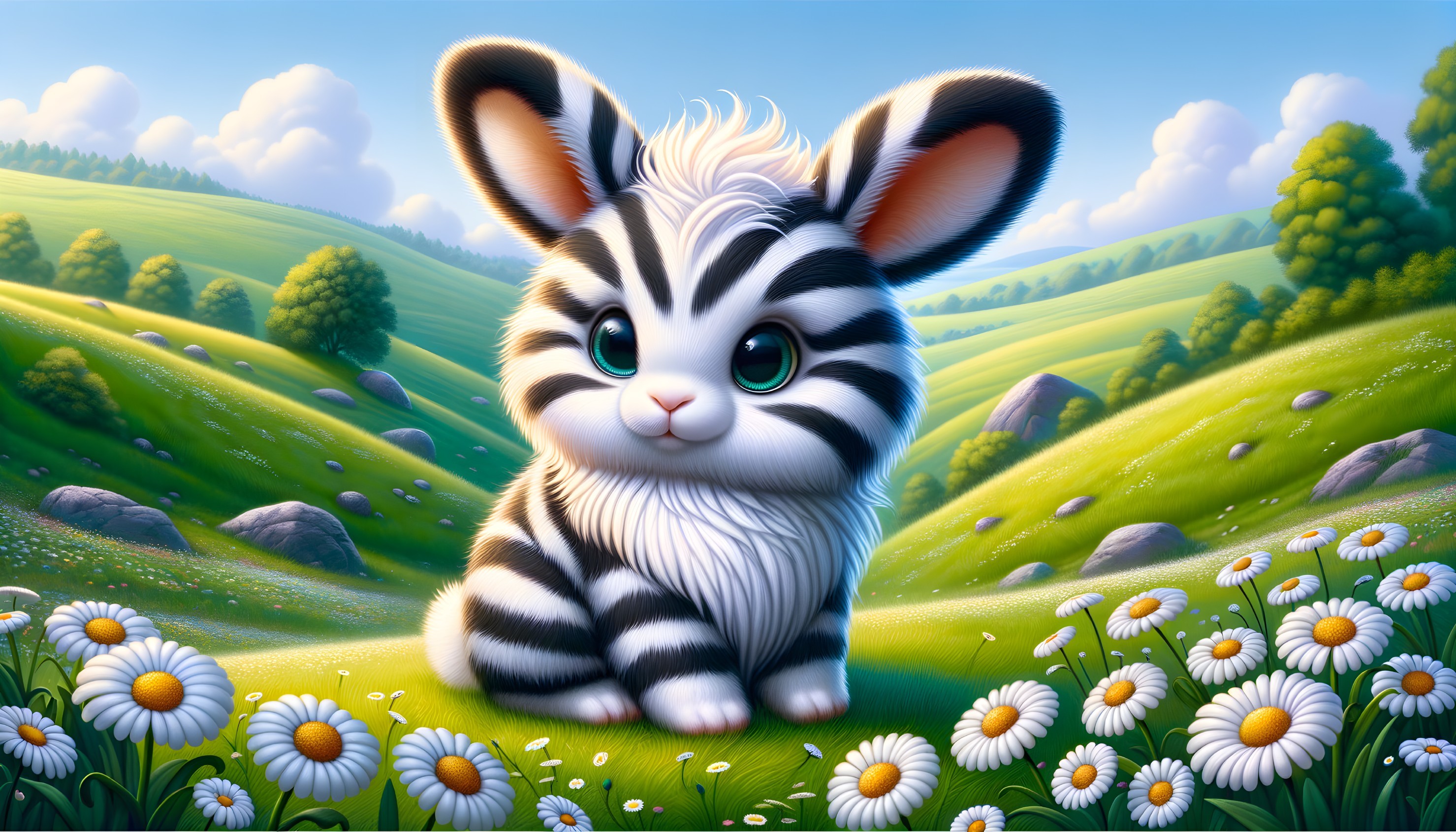 Cartoon Rabbit with Stripes in Sunlit Meadow